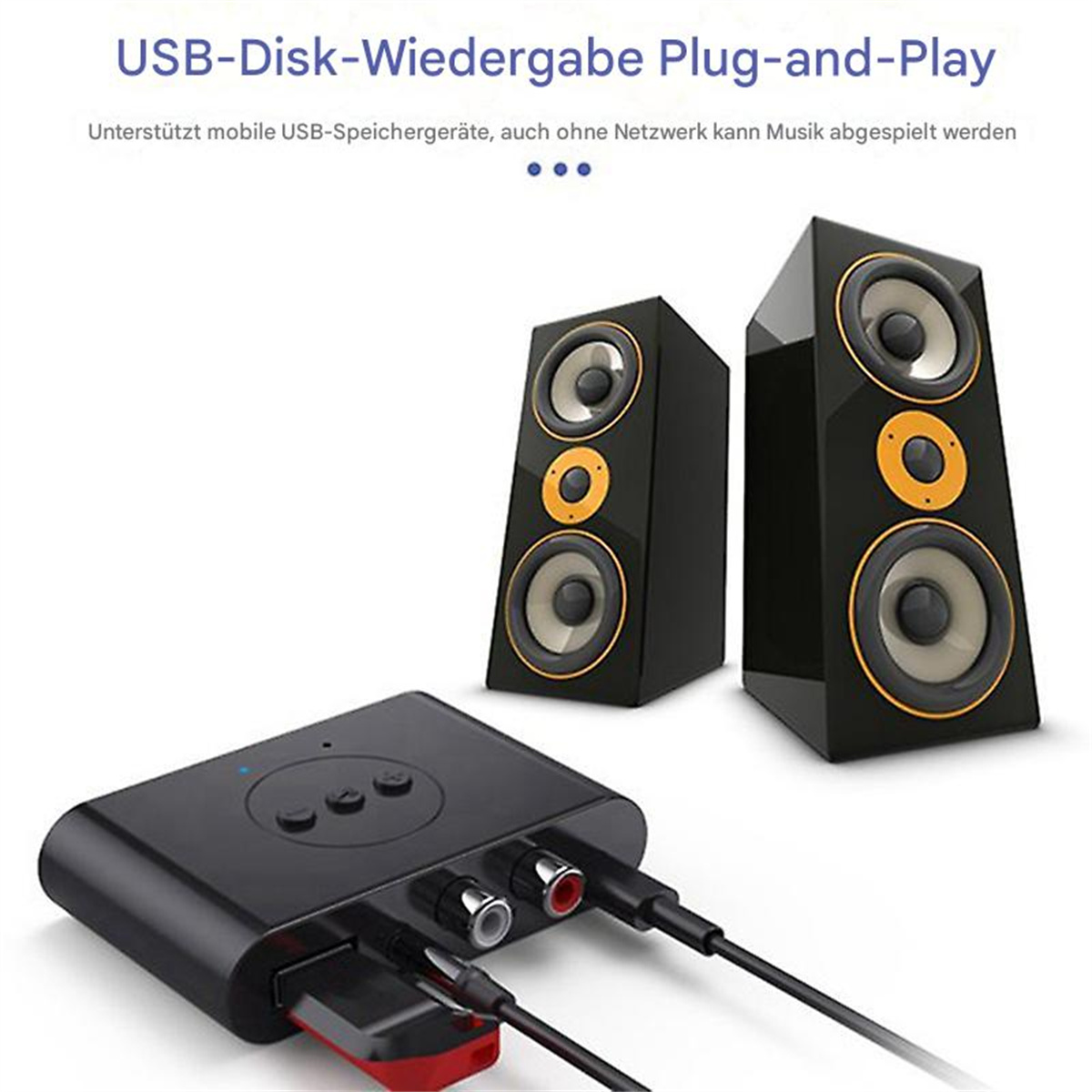 Das Bild zeigt ein schwarzes Audiogerät, zwei Lautsprecher und ein kleines schwarzes Gerät mit USB- und Audioeingängen. Text: USB-Disk-Wiedergabe Plug-and-Play.