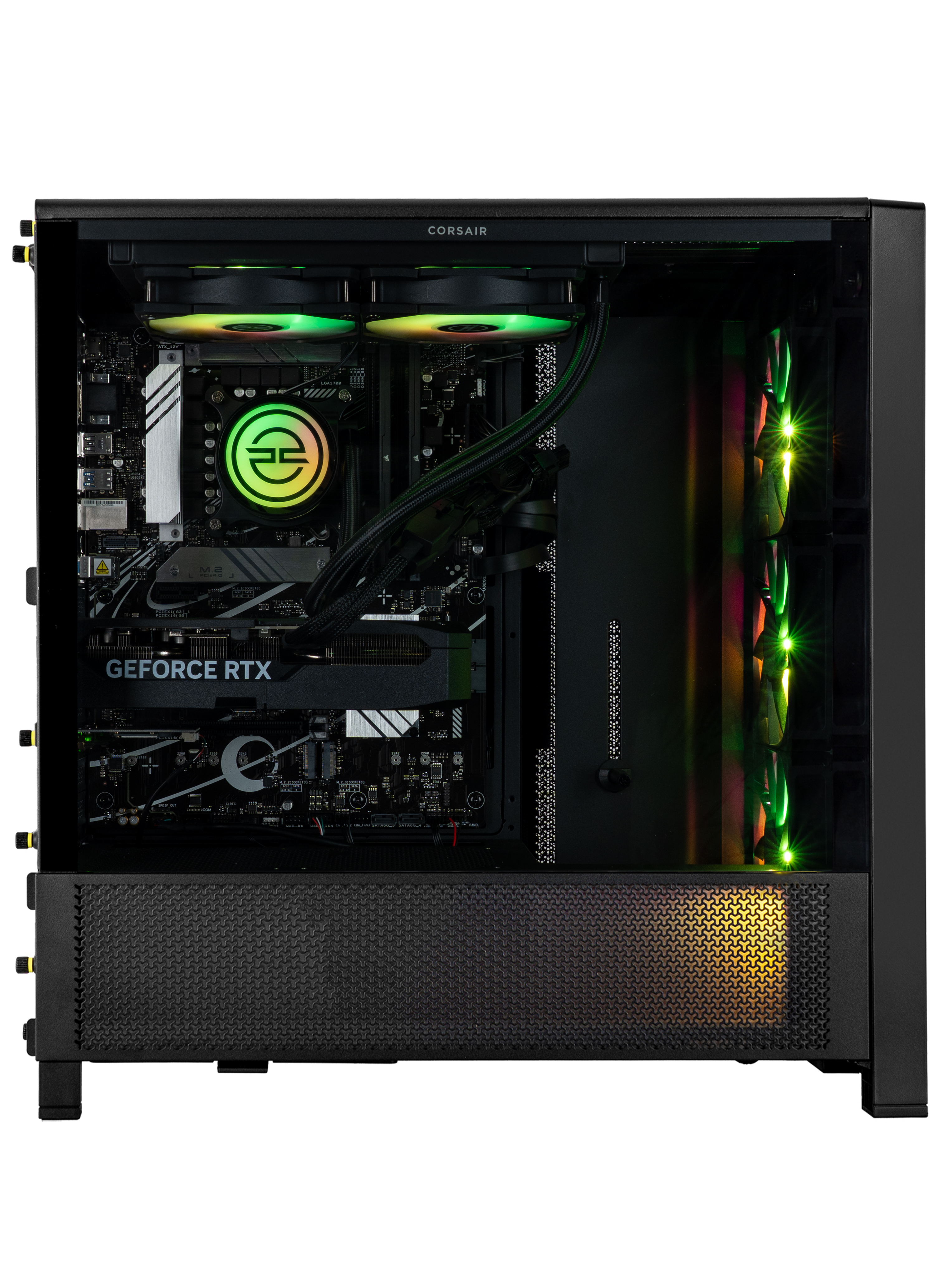 Un case di computer aperto mostra componenti interni, tra cui ventole con luci LED colorate e una scheda grafica.