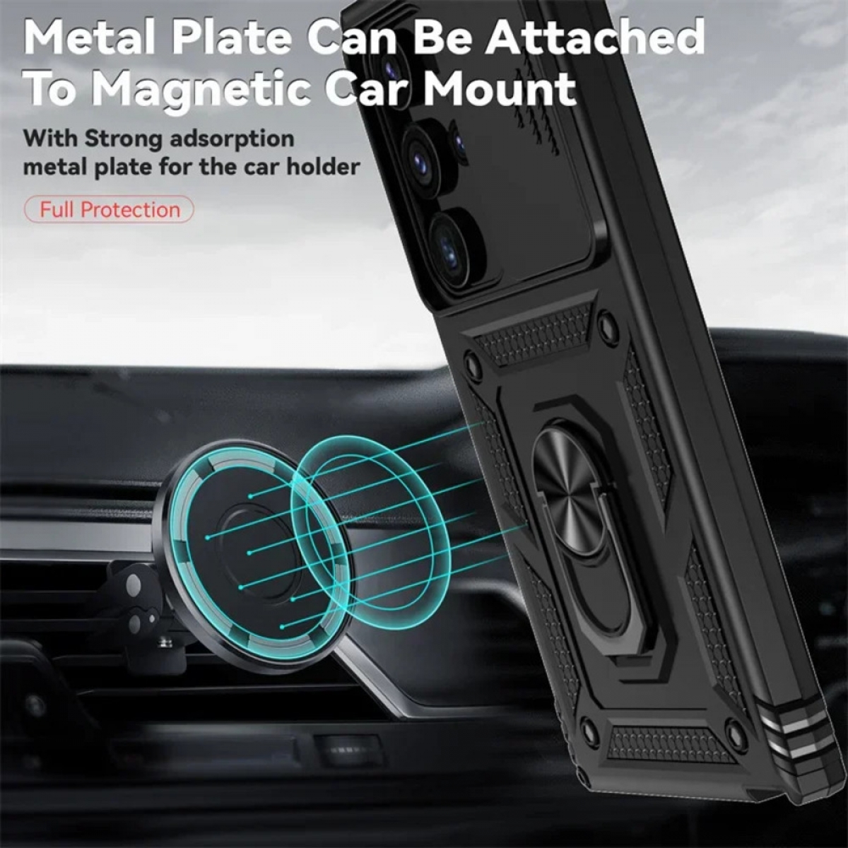 Schwarze Handyhülle mit Metallplatte, die an einer magnetischen Autohalterung befestigt ist. Text: 'Metal Plate Can Be Attached'.