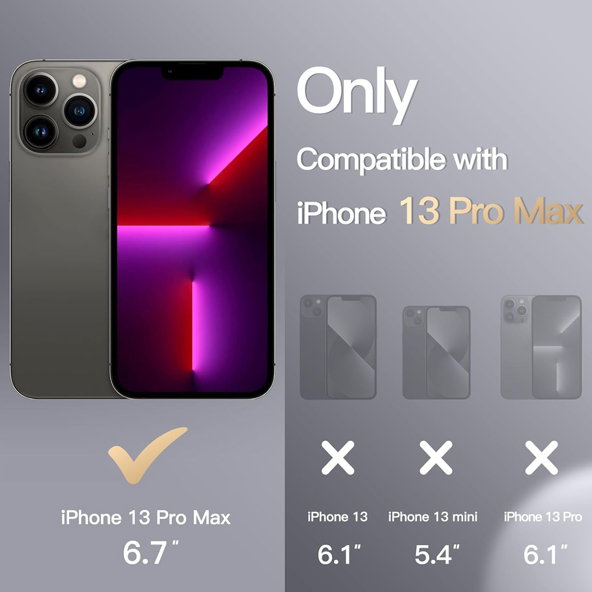 Bild zeigt iPhone 13 Pro Max mit Häkchen. Andere iPhone-Modelle haben X-Markierungen. Der Hintergrund ist grau.