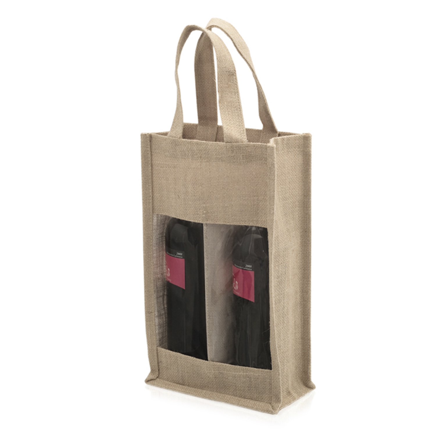 Una borsa per vino in juta beige con due bottiglie all'interno. Le bottiglie hanno etichette rosse e sono visibili attraverso una finestra trasparente.