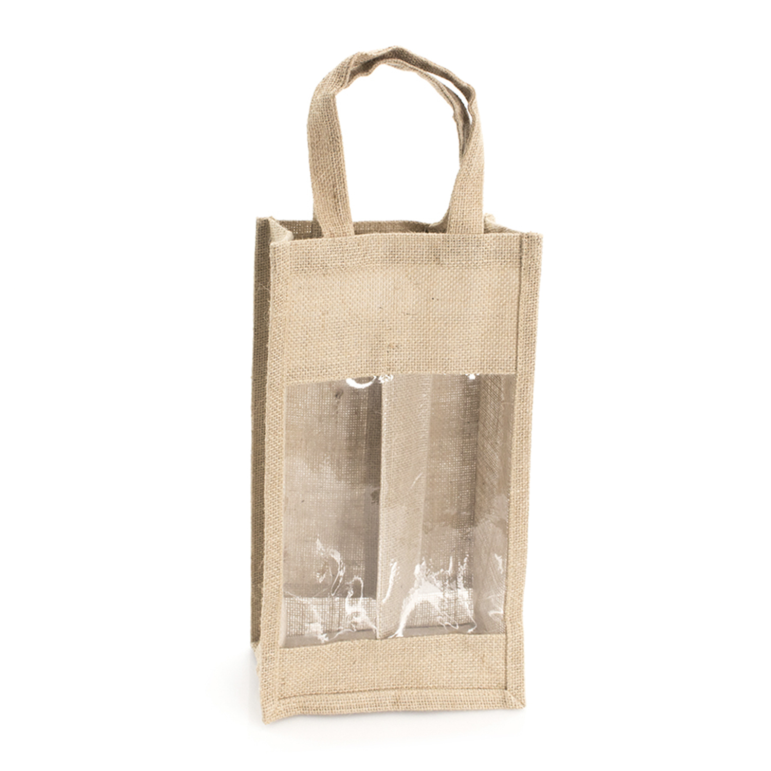 Una borsa per vino di iuta beige con un pannello trasparente. Ha un manico in alto e si trova su uno sfondo bianco.