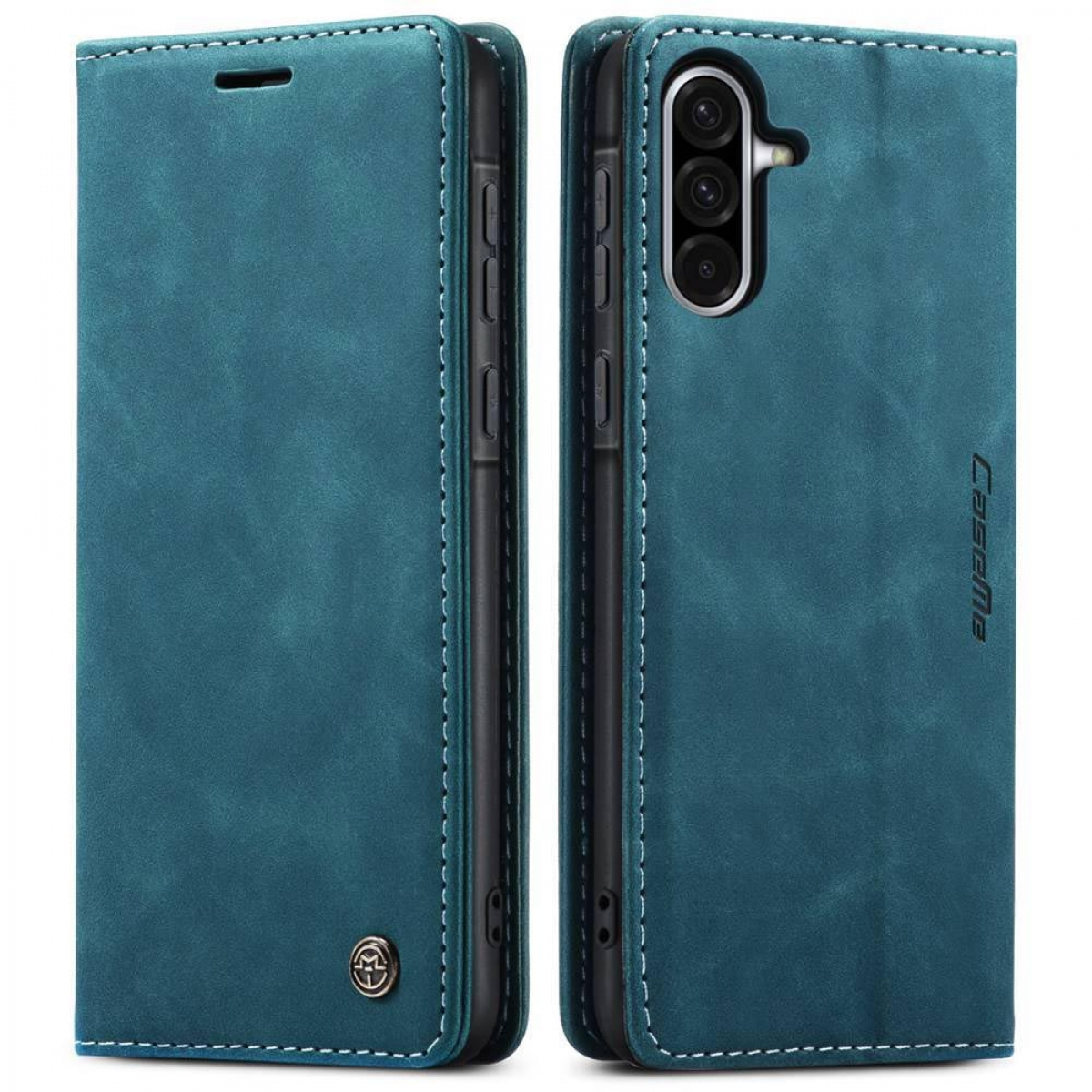 Eine teal-farbene Leder-Handyhülle, offen, um das Telefon zu zeigen. Die Hülle hat weiße Nähte, ein Logo und das Wort "Caseme".