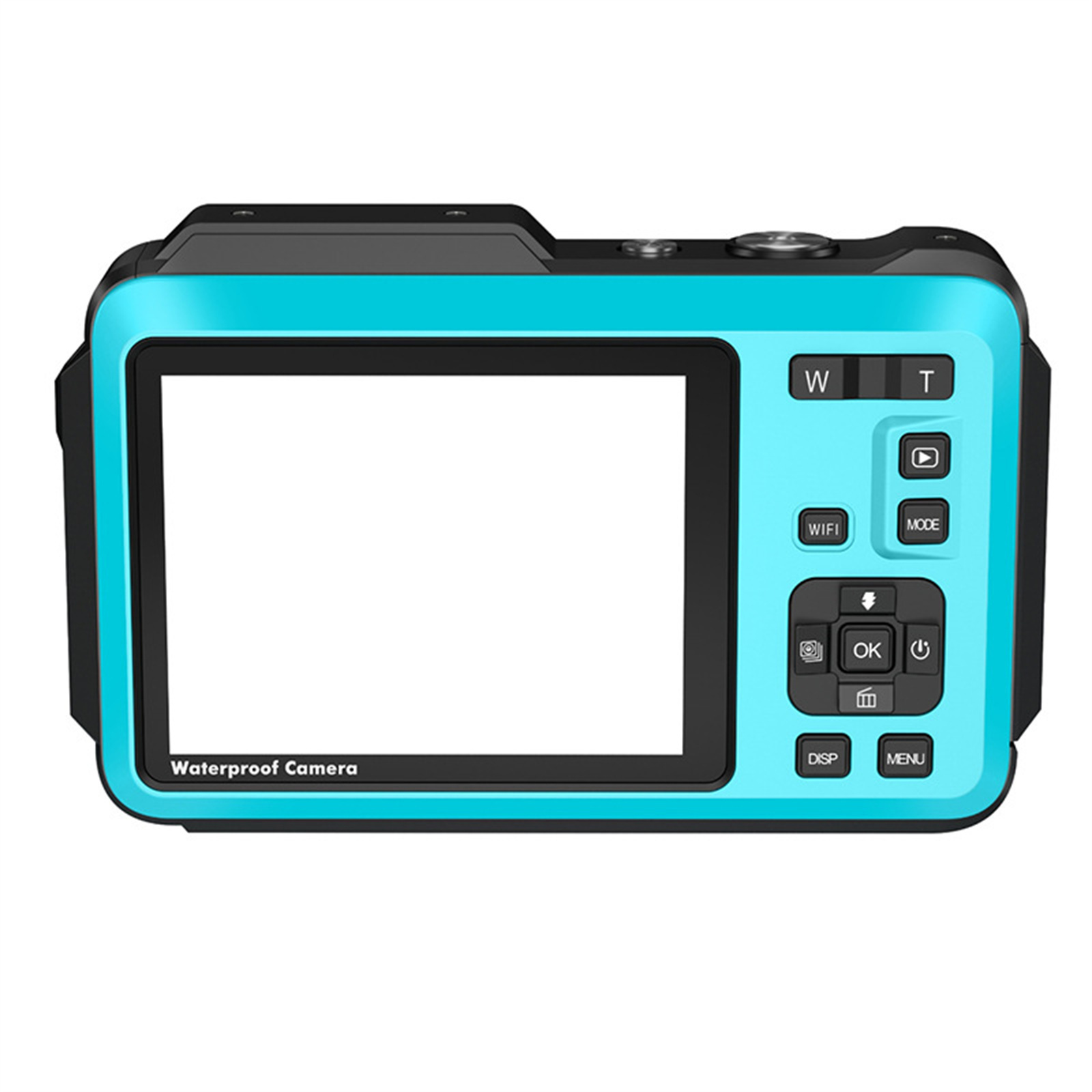 Eine türkisfarbene wasserdichte Kamera mit schwarzem Oberteil. Sie hat einen Bildschirm und Knöpfe. Der Text "Waterproof Camera" ist sichtbar.