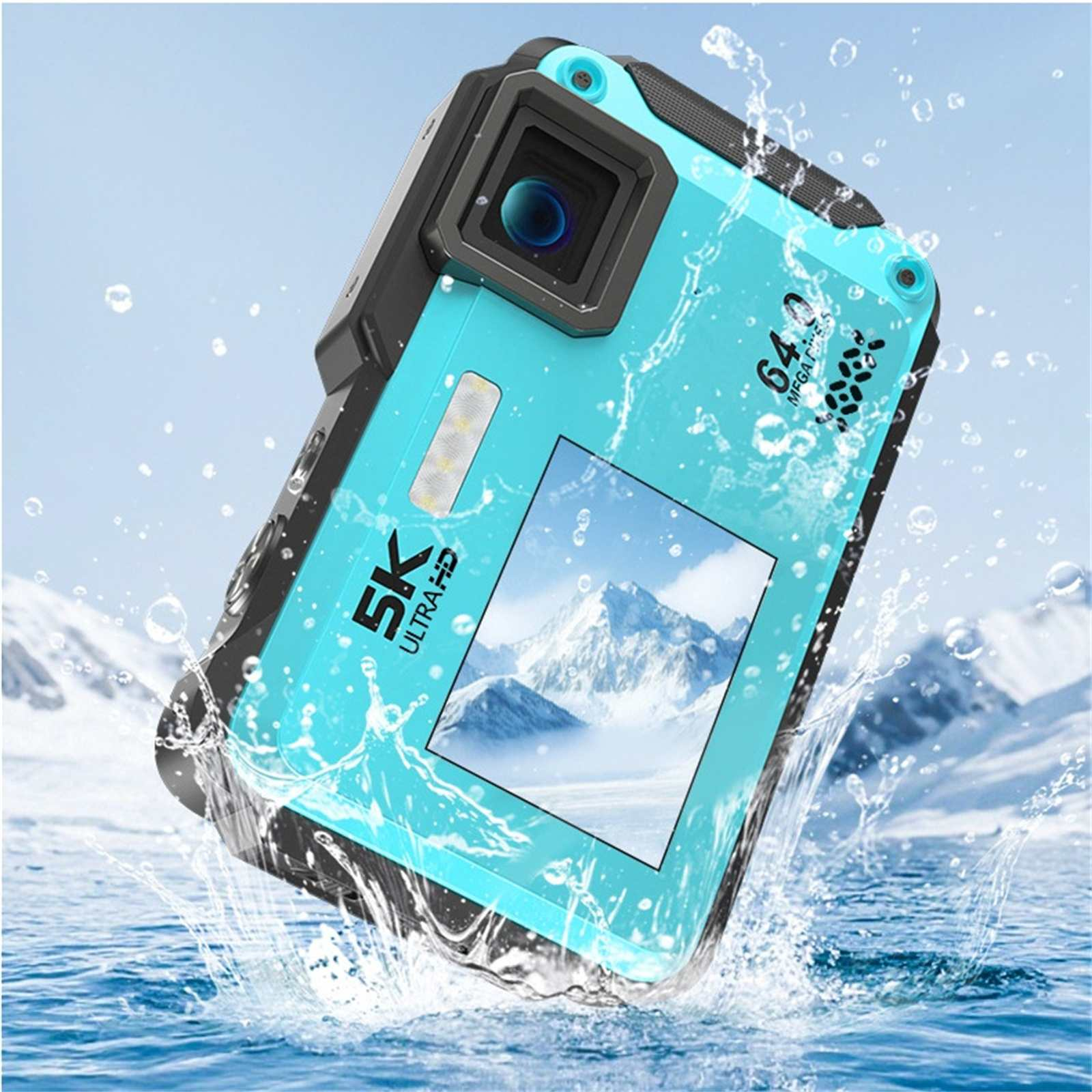 Eine türkisfarbene Action-Kamera in einem wasserdichten Gehäuse. Wasser spritzt darum herum, mit einer Berglandschaft auf dem Bildschirm.