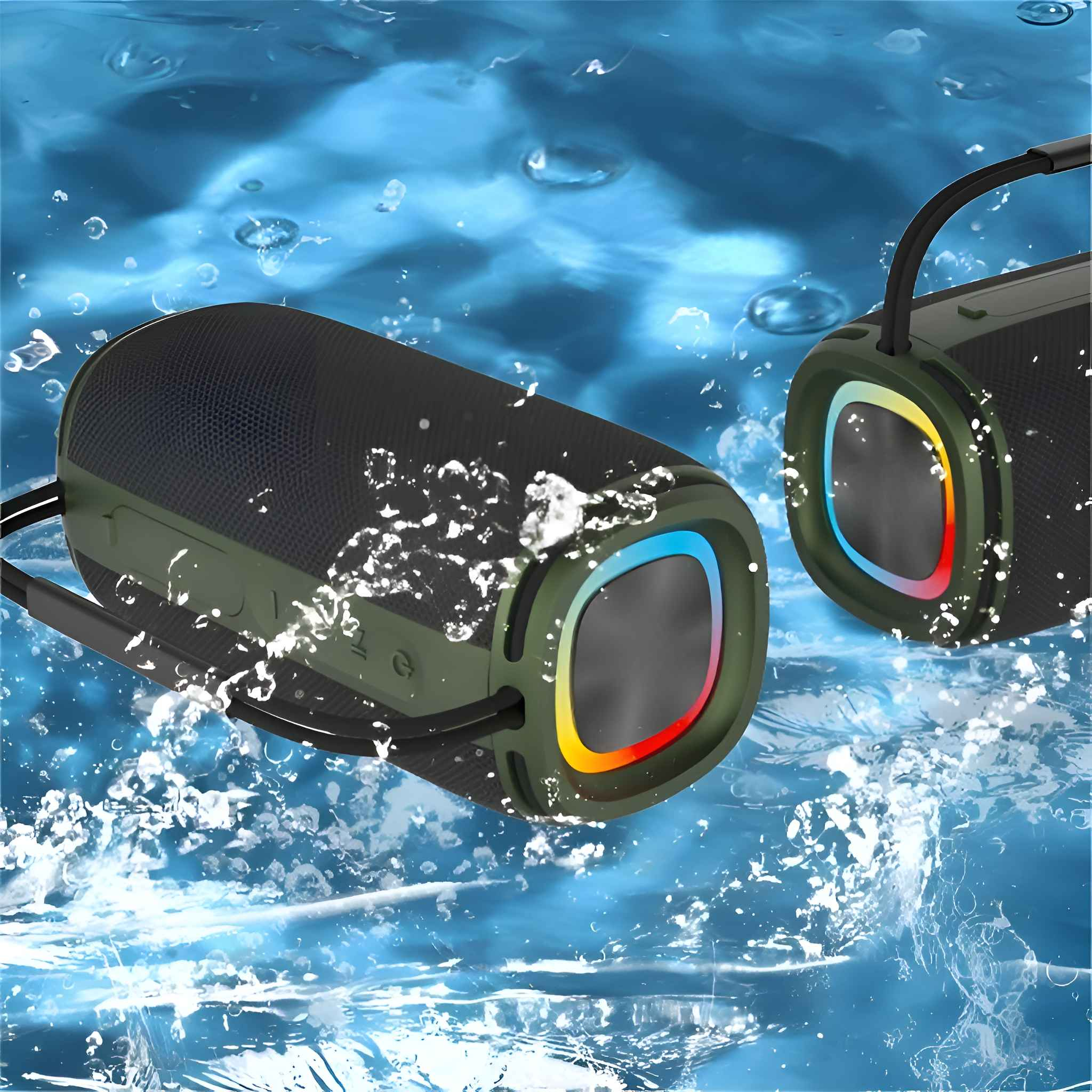 Zwei wasserdichte Lautsprecher im Wasser. Die Lautsprecher sind olivgrün mit schwarzem Mesh und bunten Lichtern. Blasen drumherum.