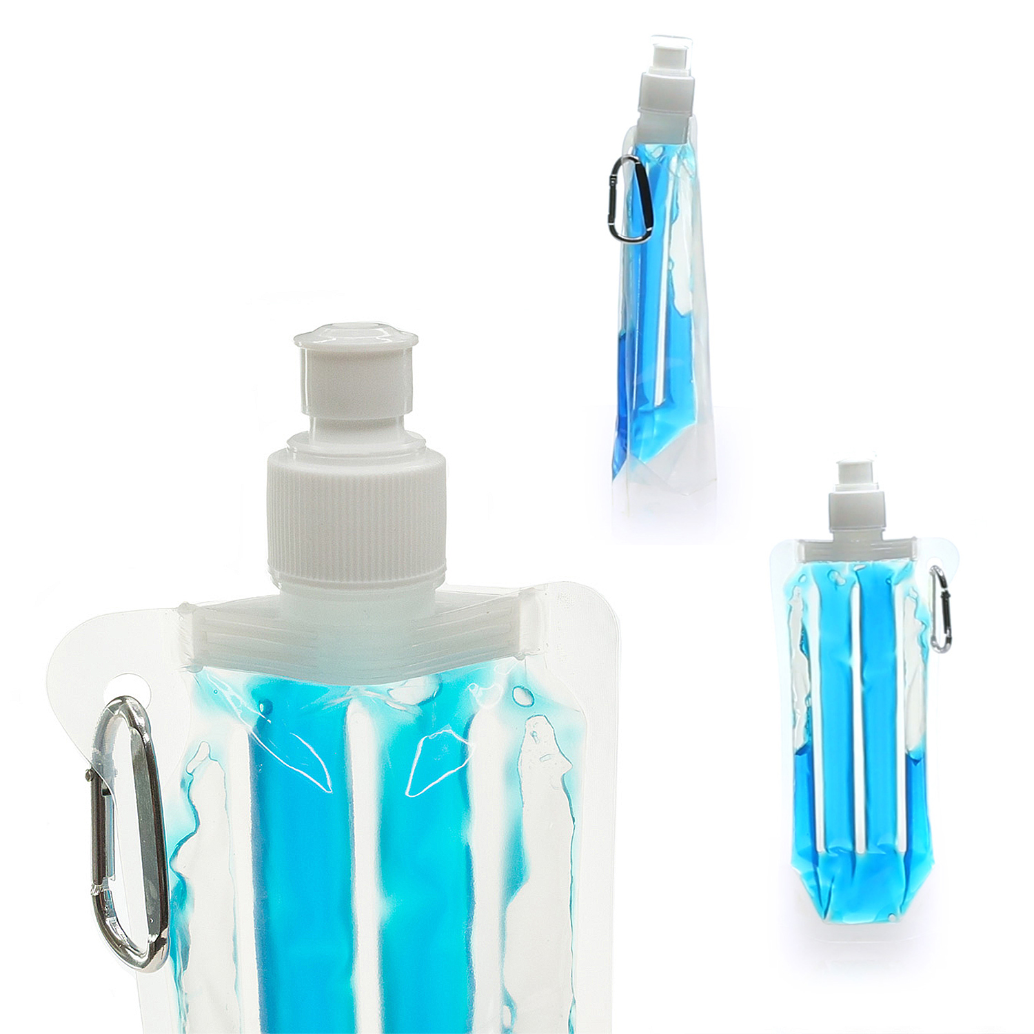 Tre borracce, parzialmente riempite con liquido blu. Una bottiglia è in posizione verticale, le altre sono piegate. Tutte hanno tappi bianchi e moschettoni.
