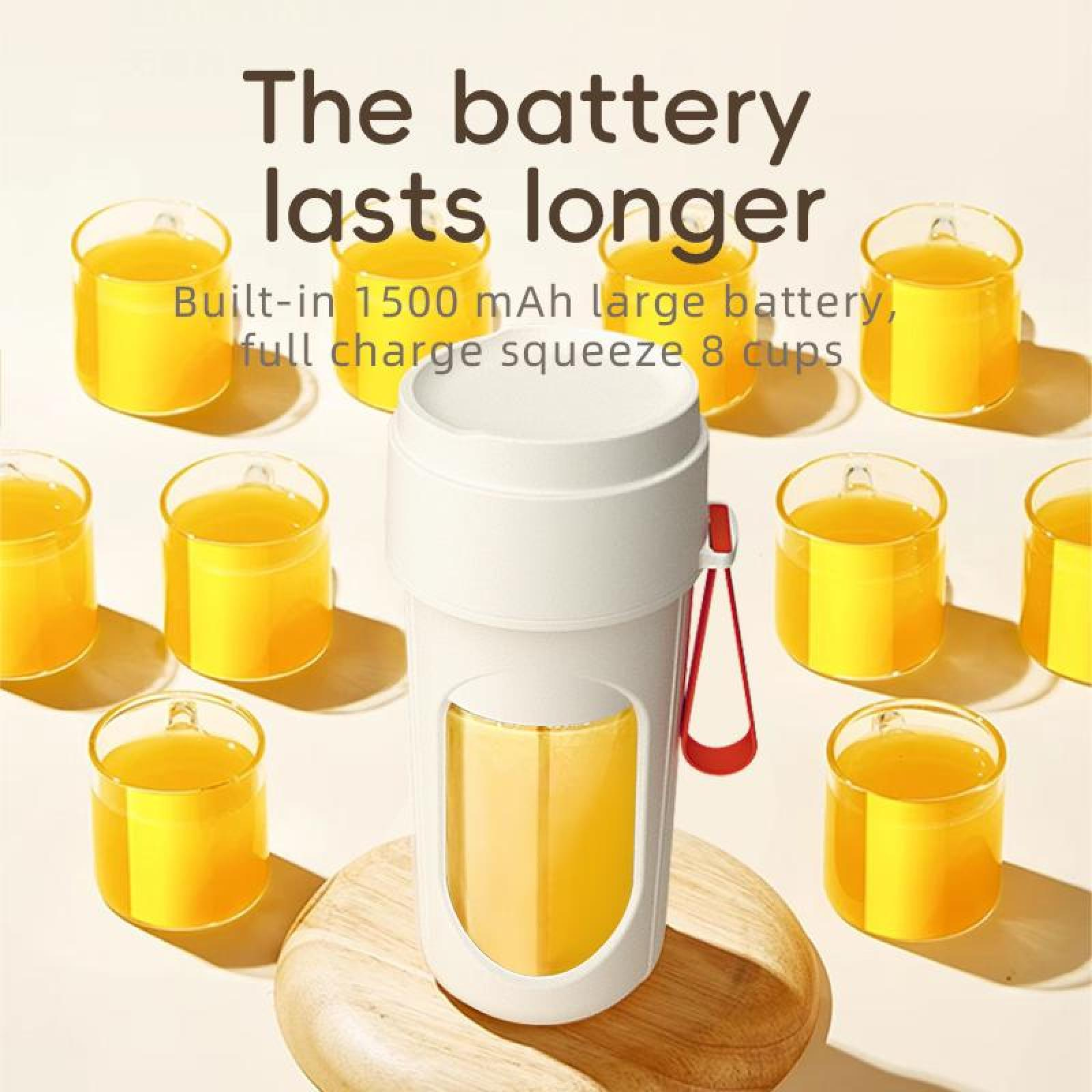 Ein weißer Mixer mit Orangensaft, umgeben von kleinen Saftgläsern. Text: Der Akku hält länger.
