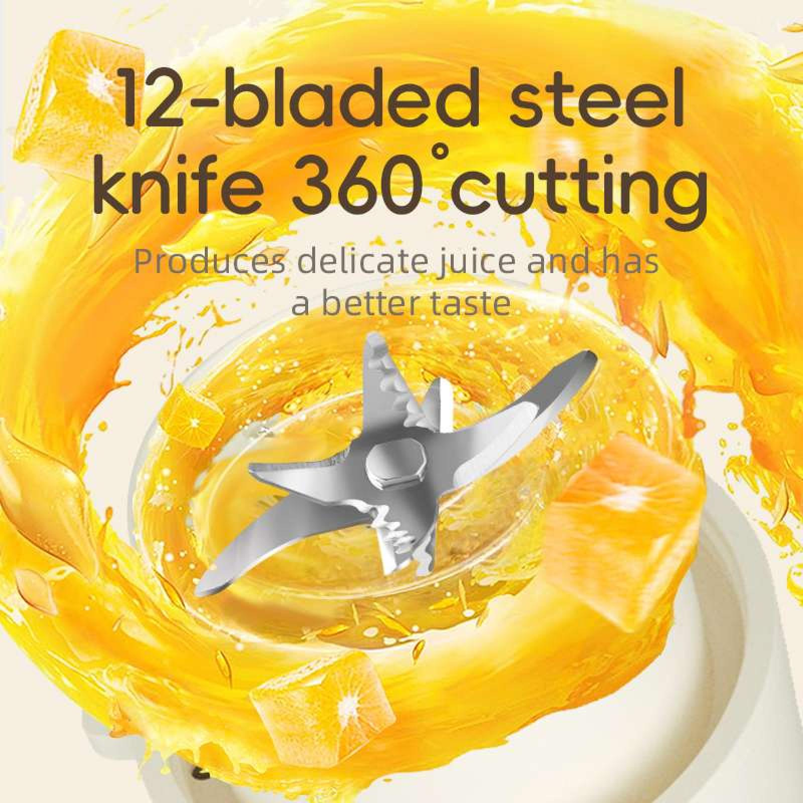 Das Bild zeigt ein Stahlmesser mit 12 Klingen, das Orangen schneidet, mit gelbem Saft und Textüberlagerung.