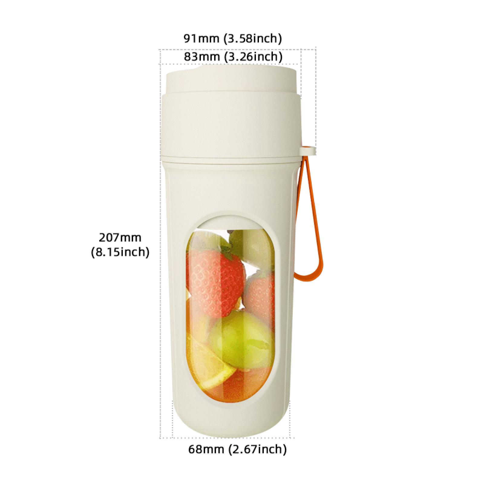 Ein beiger Mixer mit Früchten im Inneren. Maße in Millimetern und Zoll sind angegeben.