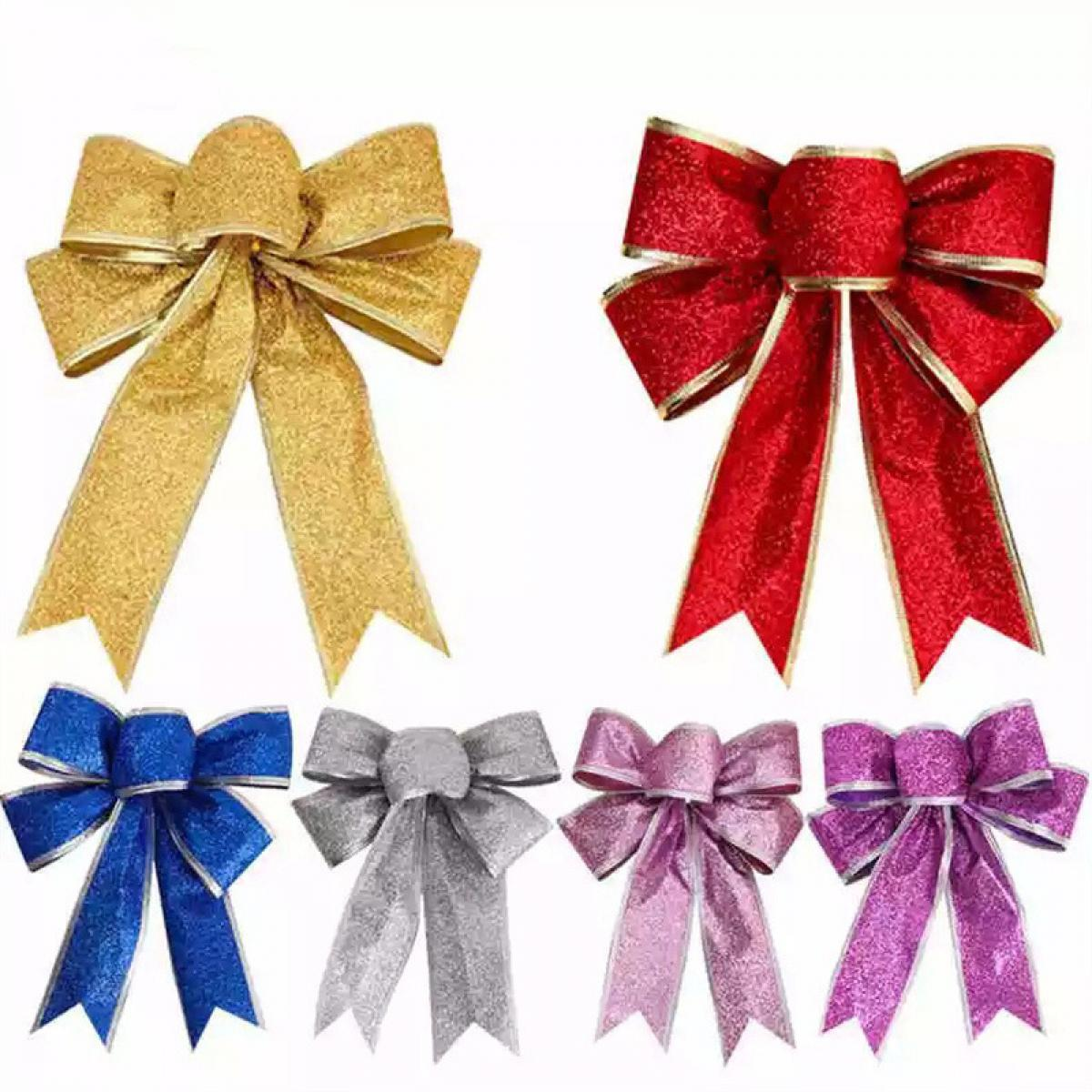 Sechs bunte Schleifen: Gold, Rot, Blau, Silber, Rosa und Lila. Jede hat eine glitzernde Textur und Schleifenbänder, perfekt zur Dekoration.