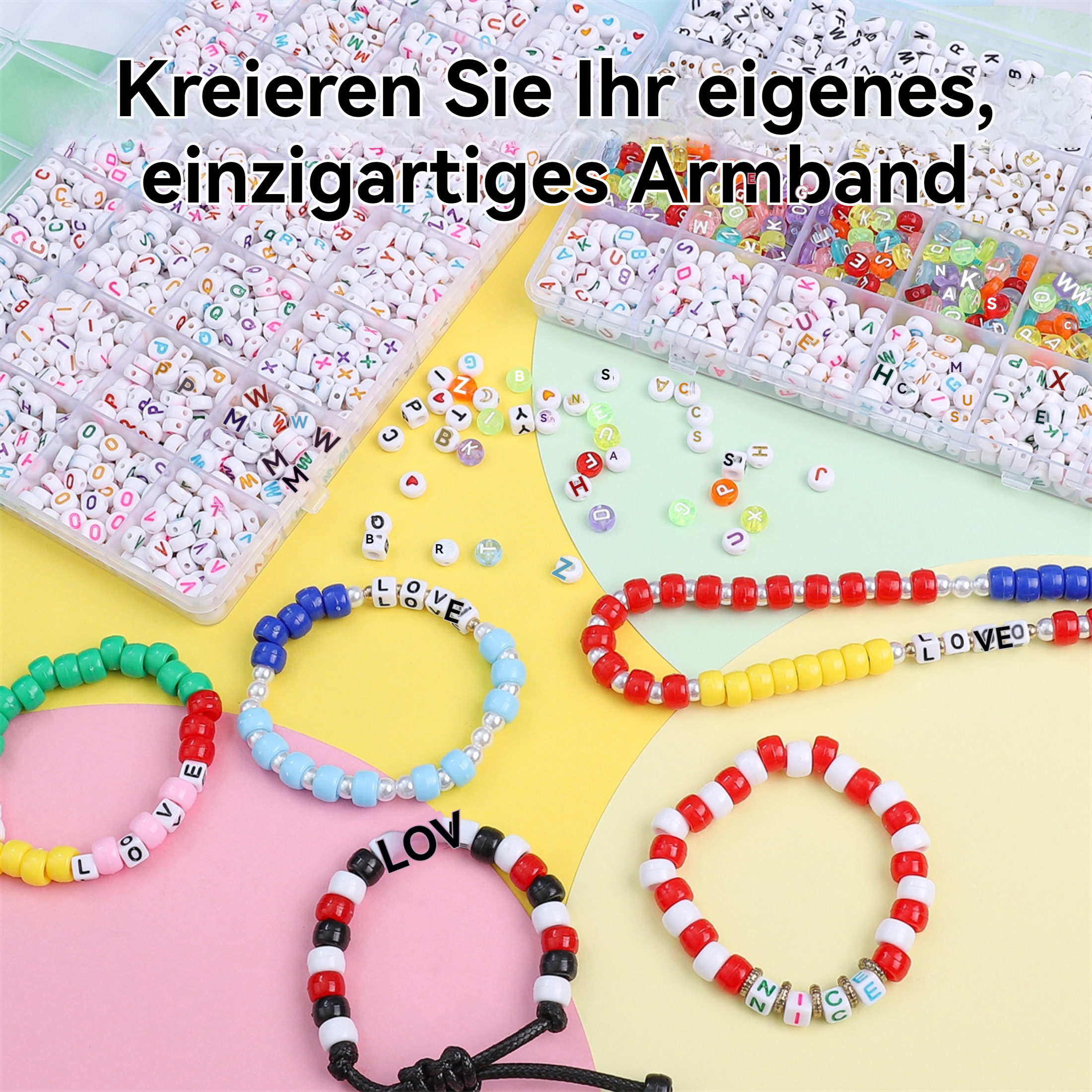 Das Bild zeigt Perlen und Armbänder mit den Wörtern LOVE und NICE. Kisten mit Perlen in verschiedenen Farben sind im Hintergrund.