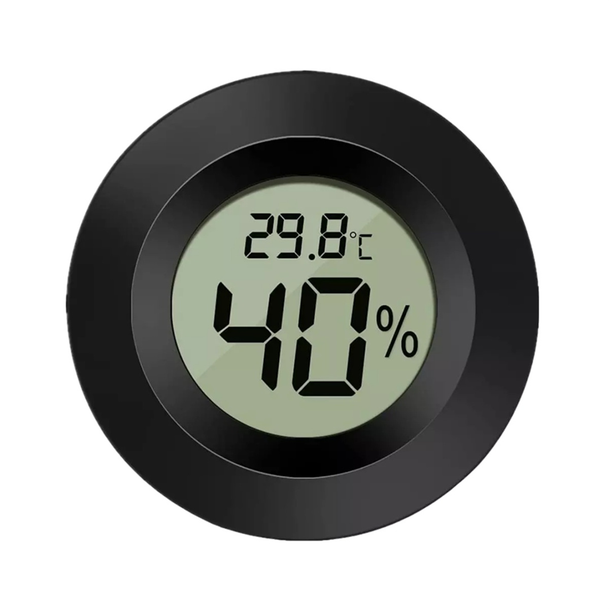 Ein kreisförmiges digitales Hygrometer zeigt 29,8 °C und 40 % an. Das Gerät ist schwarz und hat eine hellgrüne Anzeige.