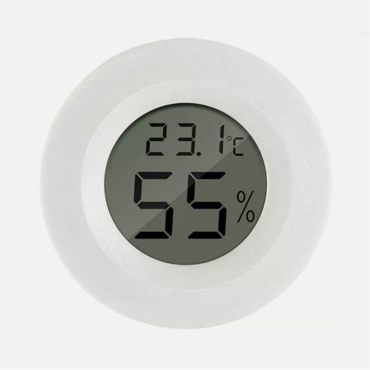 Ein weißes, kreisförmiges digitales Thermometer zeigt 23,1°C und 55%. Ein graues Display befindet sich in einem weißen, kreisförmigen Rahmen.