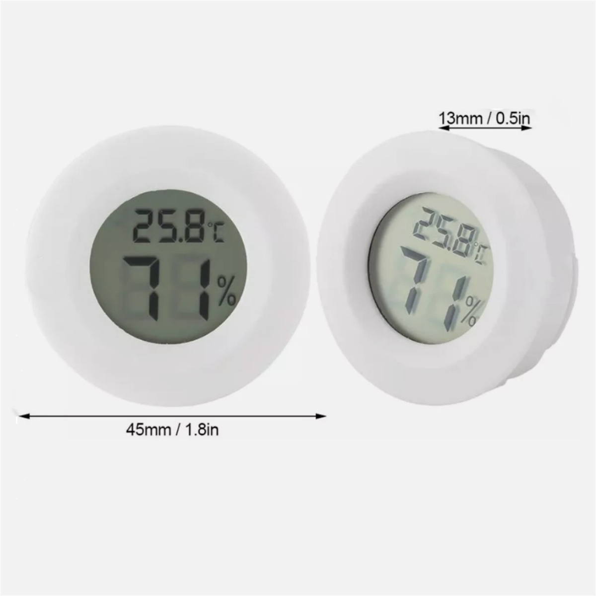 Zwei weiße, kreisförmige Digitalthermometer zeigen 25,8°C und 71% an. Abmessungen: 45 mm/1,8 Zoll und 13 mm/0,5 Zoll.