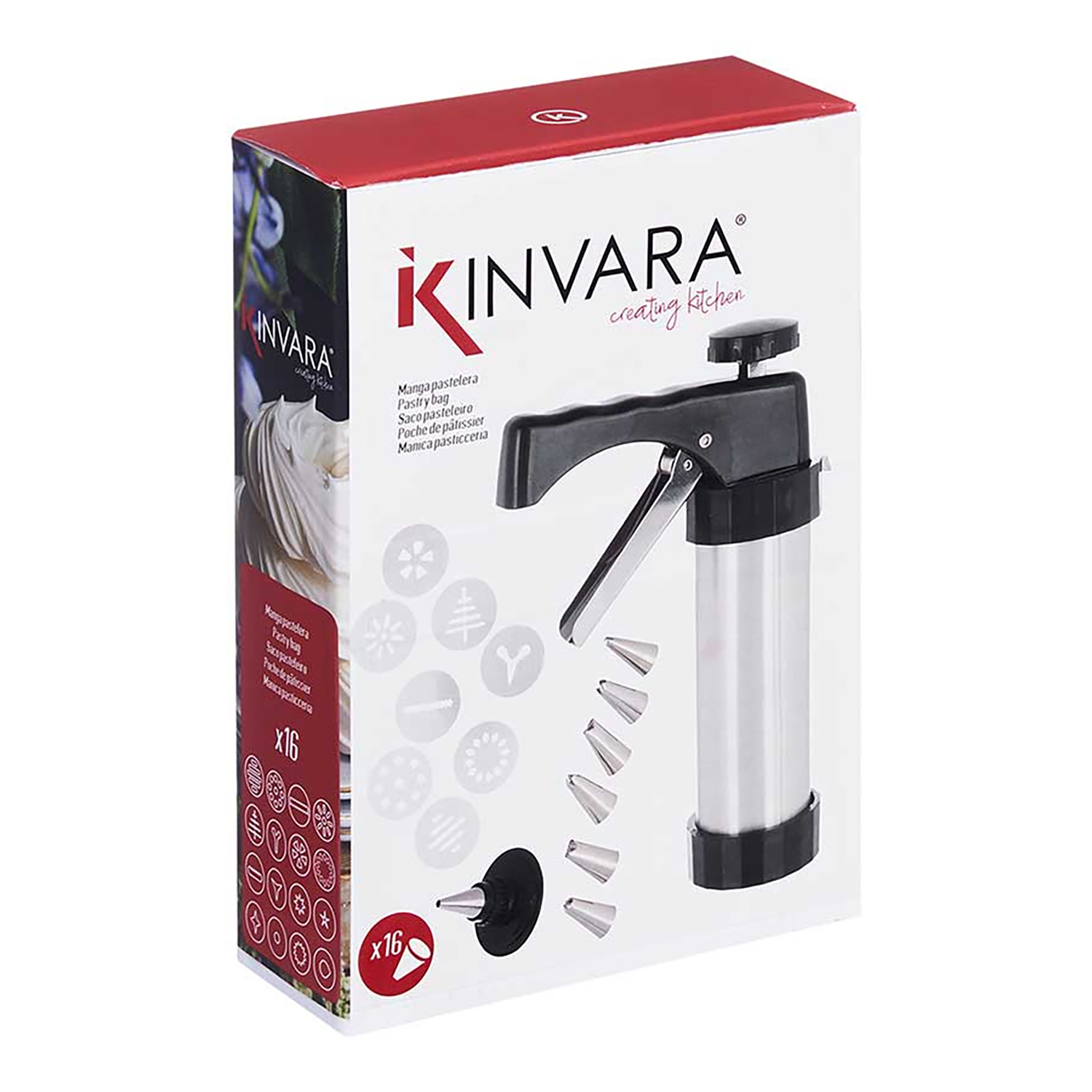 Se muestra una caja con un kit de manga pastelera. Incluye un dispensador, varias boquillas y plantillas. La caja es blanca y roja, con la marca 'KINVARA'.