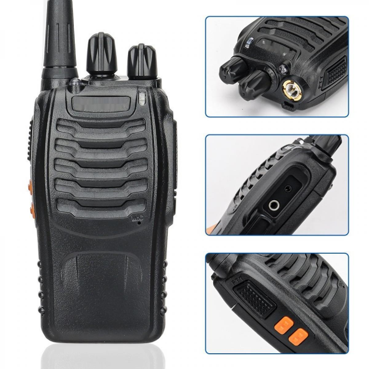 Schwarzes Walkie-Talkie mit Antenne und Knöpfen. Nahaufnahmen zeigen Details der Bedienelemente, Knöpfe und Lautsprecher.