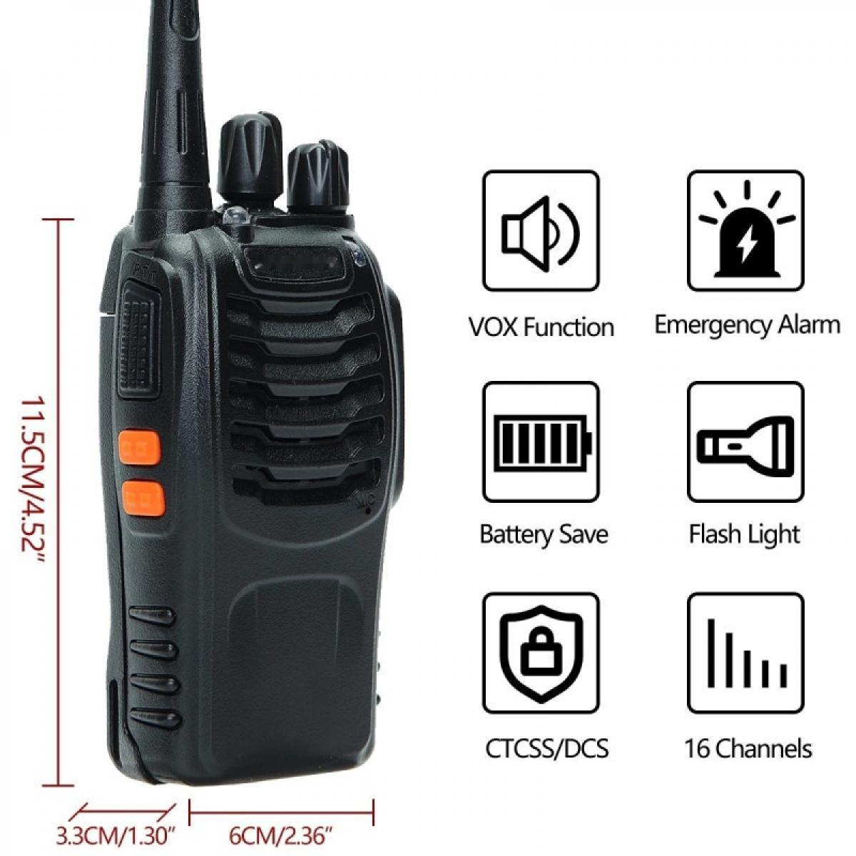 Schwarzes Walkie-Talkie mit orangefarbenen Tasten, Maßangaben und Symbolen für Funktionen wie VOX, Notfallalarm und Energiesparen.