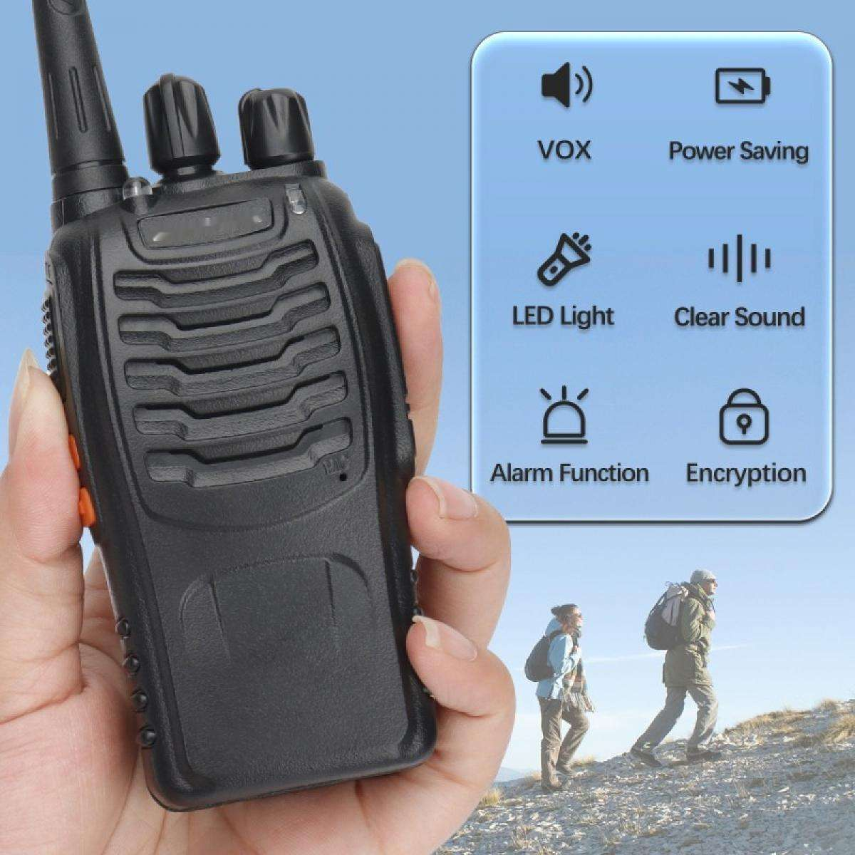 Hand hält ein schwarzes Walkie-Talkie mit Funktionssymbolen: VOX, Energiesparen, LED-Licht, klarer Ton, Alarm, Verschlüsselung. Zwei Personen gehen im Hintergrund.