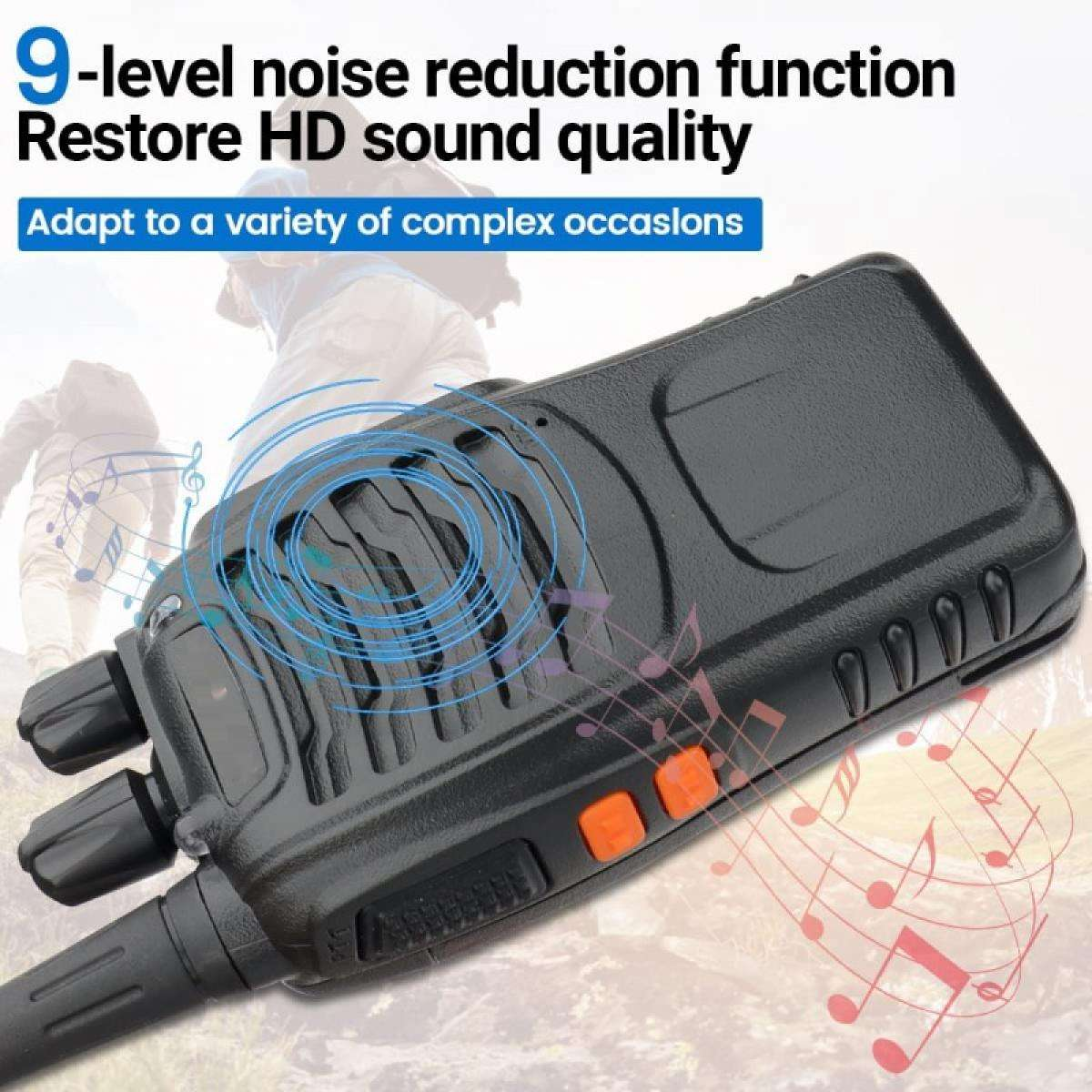 Schwarzes Walkie-Talkie mit orangefarbenen Knöpfen. Text lautet '9-stufige Rauschunterdrückung' und 'HD-Klangqualität wiederherstellen'. Noten im Hintergrund.
