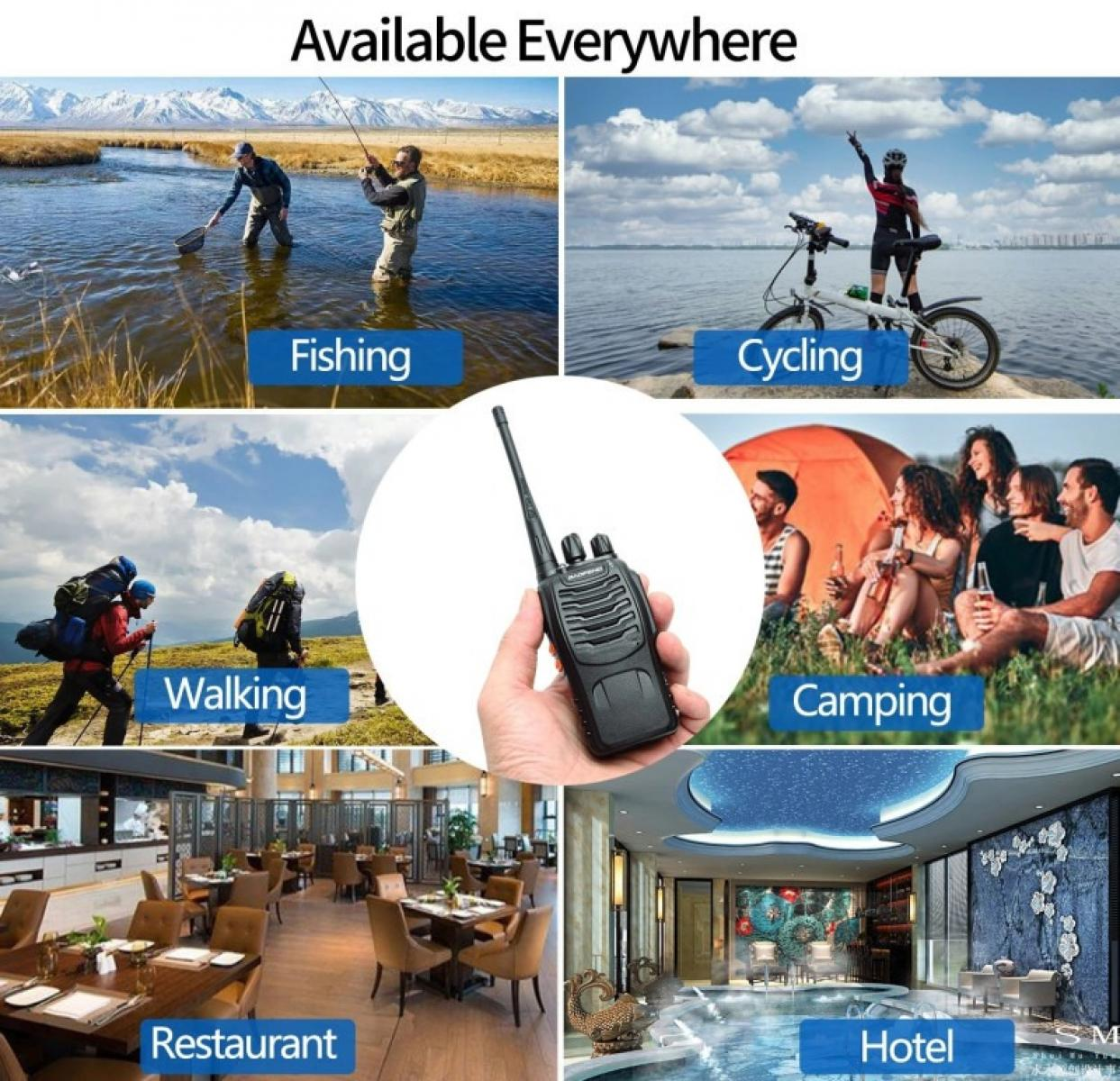 Das Bild zeigt Szenen: Angeln, Radfahren, Wandern, Camping, Restaurant und Hotel, alle mit einem zentralen Handfunkgerät.