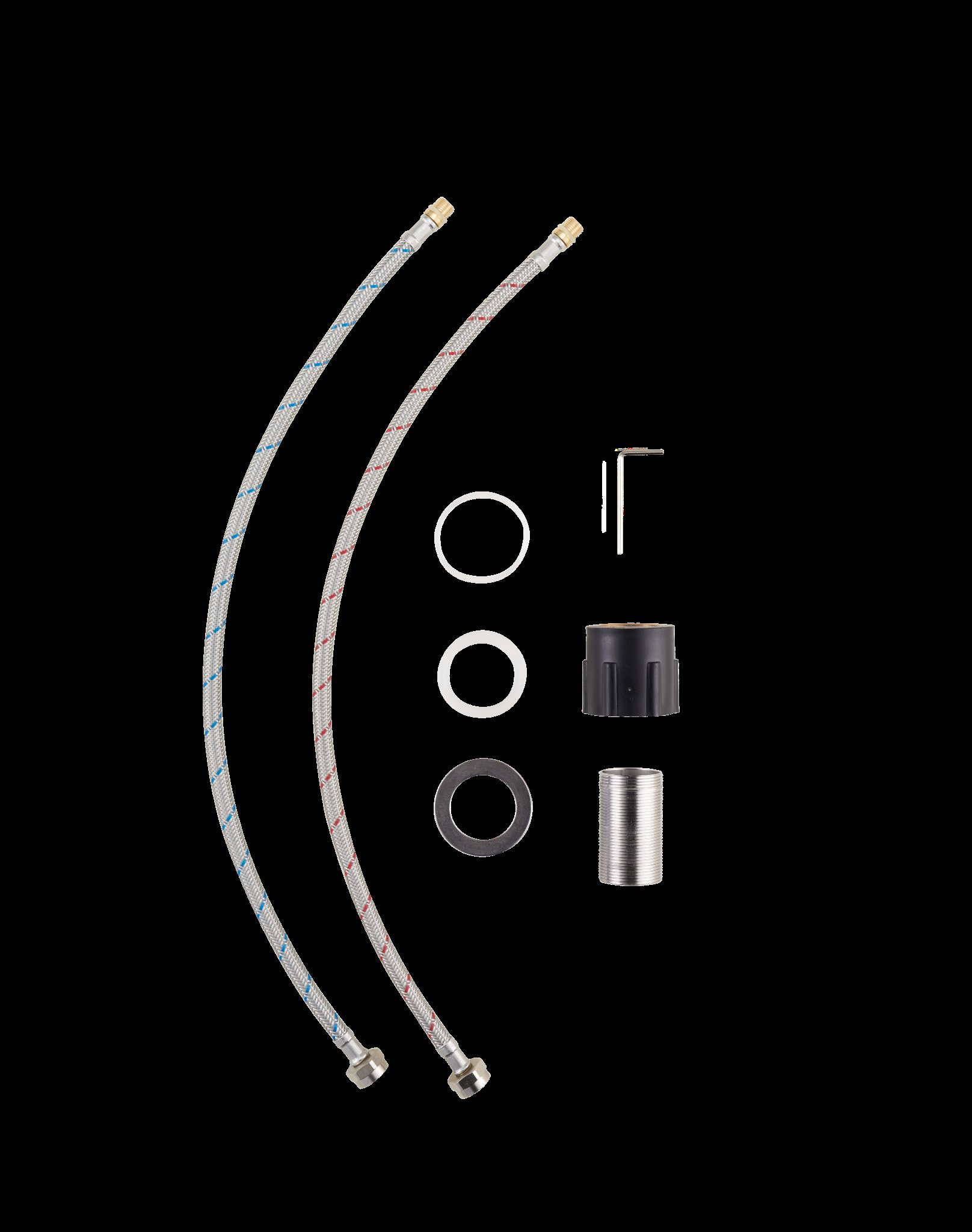 Zwei flexible Wasserschläuche, Ringe und andere Sanitärteile vor schwarzem Hintergrund.