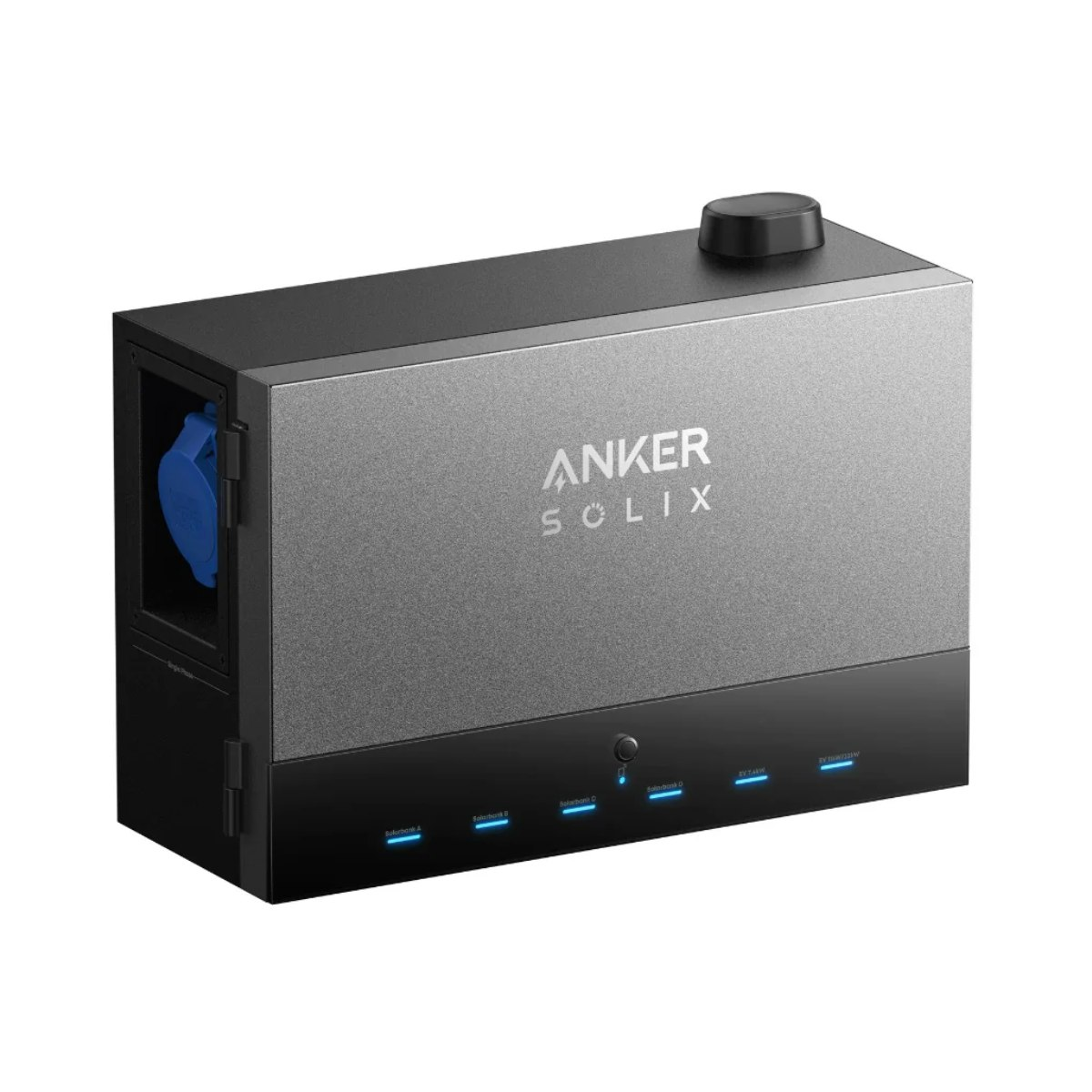 Anker Solix Powerstation. Graues und schwarzes Gerät mit blauen Anschlüssen und einem blauen Stecker. Das Anker-Logo ist sichtbar.