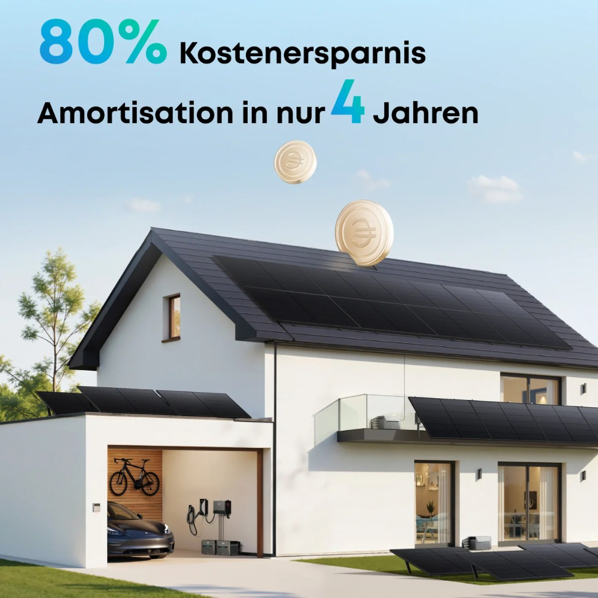 Ein weißes Haus mit Sonnenkollektoren auf dem Dach und einer Garage. Münzen schweben über dem Haus. Text zeigt 80 % Kostenersparnis.