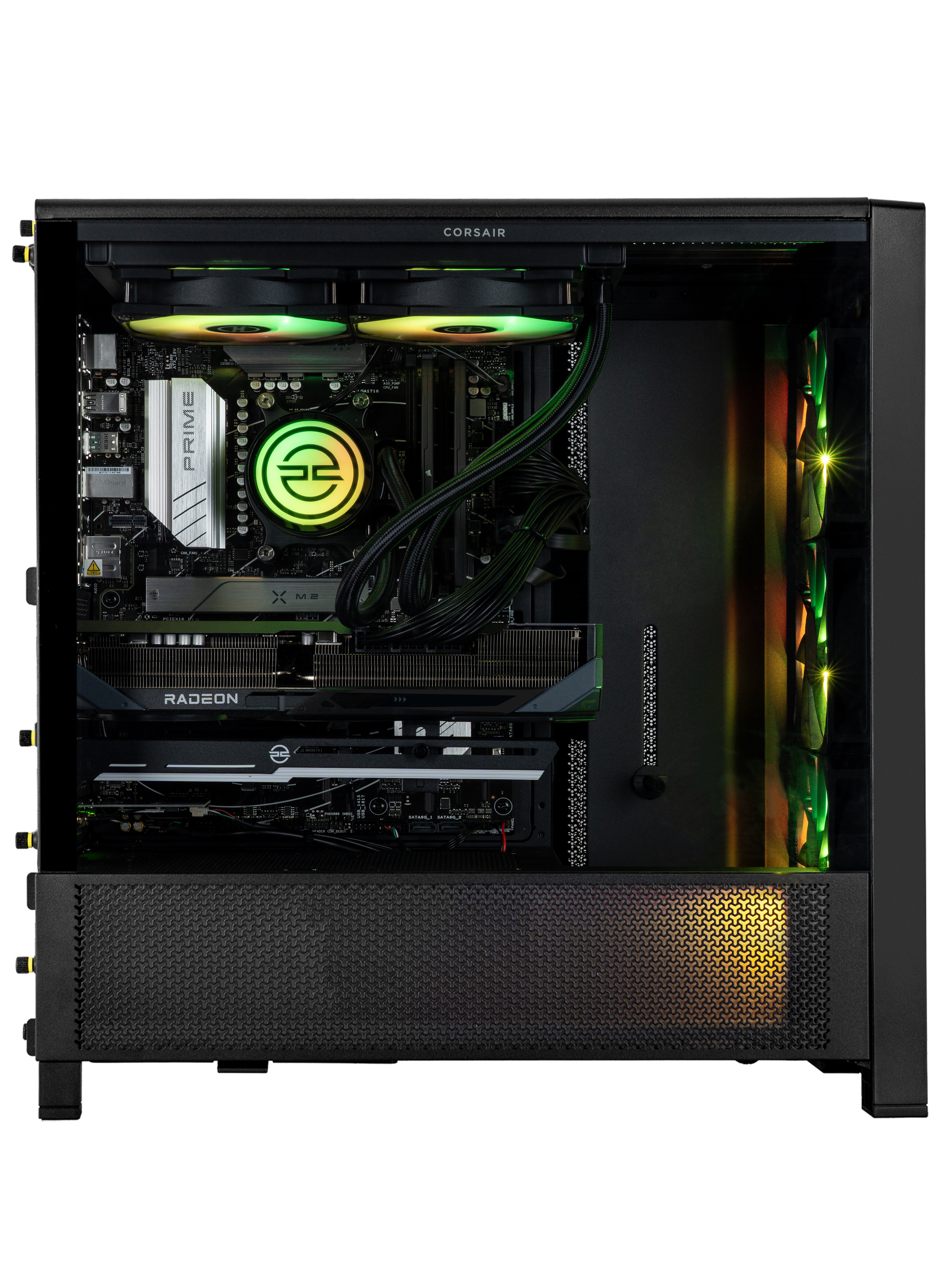 Un case per computer è aperto, rivelando componenti interni come CPU, GPU e ventole con luci verdi e gialle.