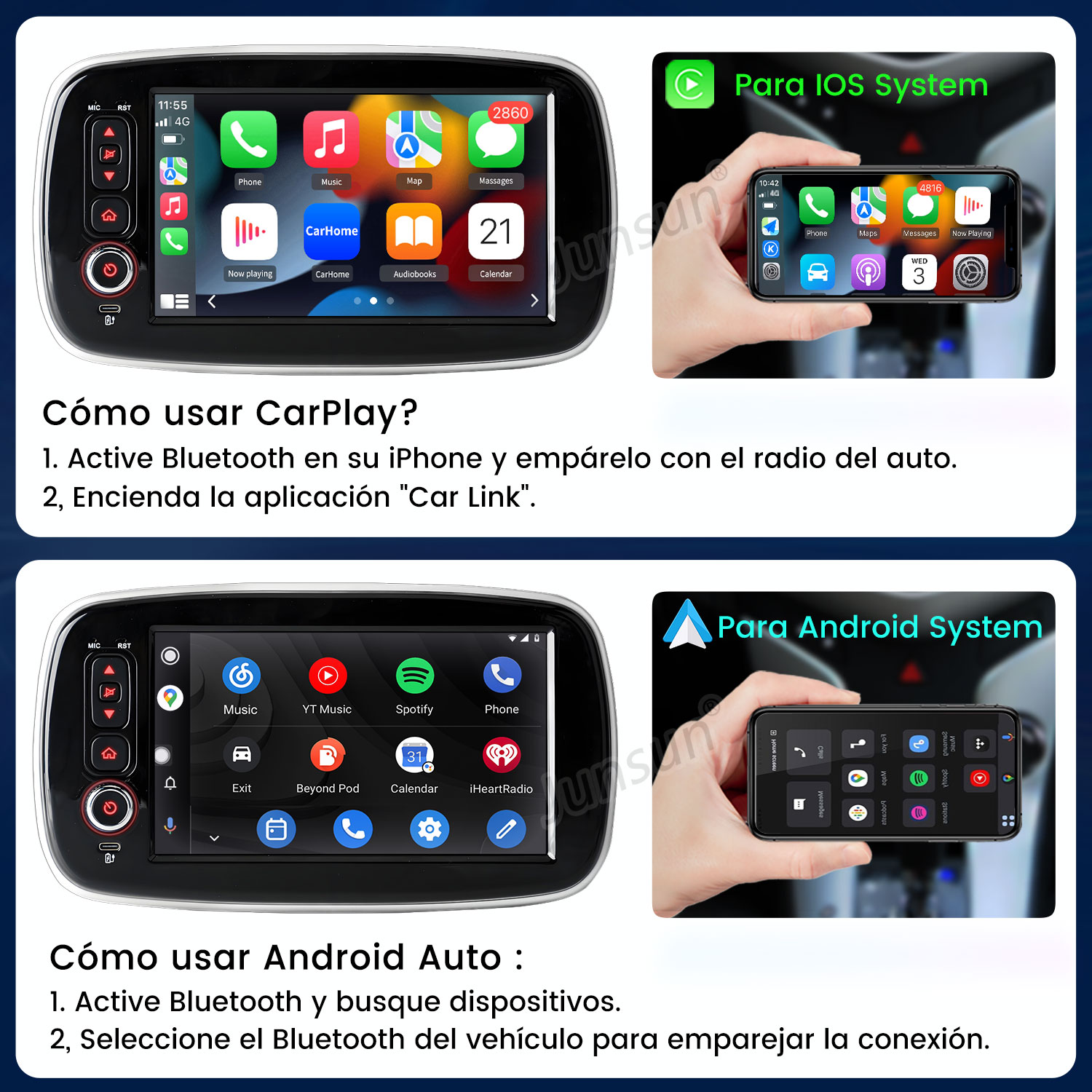 La pantalla del coche muestra instrucciones de CarPlay y Android Auto, con pantallas de teléfono e iconos de aplicaciones sobre fondo negro.