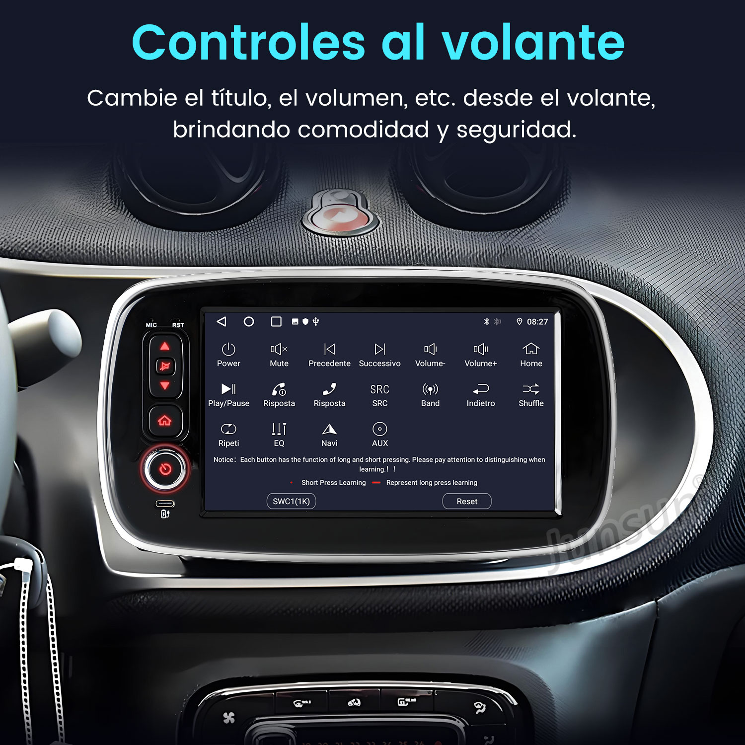 Panel del coche con pantalla que muestra controles. Texto superior dice 'Controles al volante'. Botones: encendido, silencio, volumen, etc.