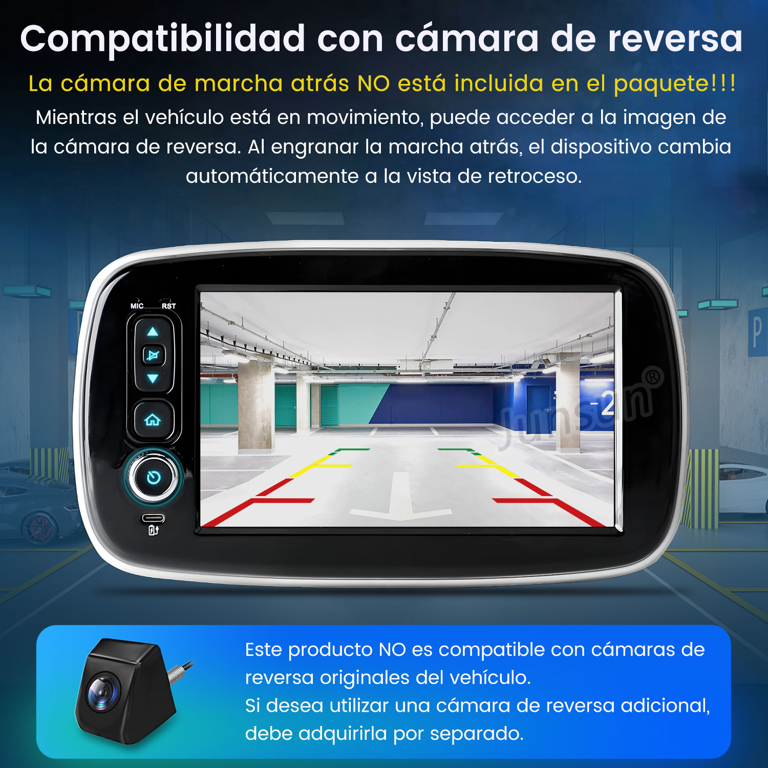 Una pantalla de cámara de marcha atrás muestra una vista de un garaje. Una cámara negra se muestra en la parte inferior. El texto explica la compatibilidad.