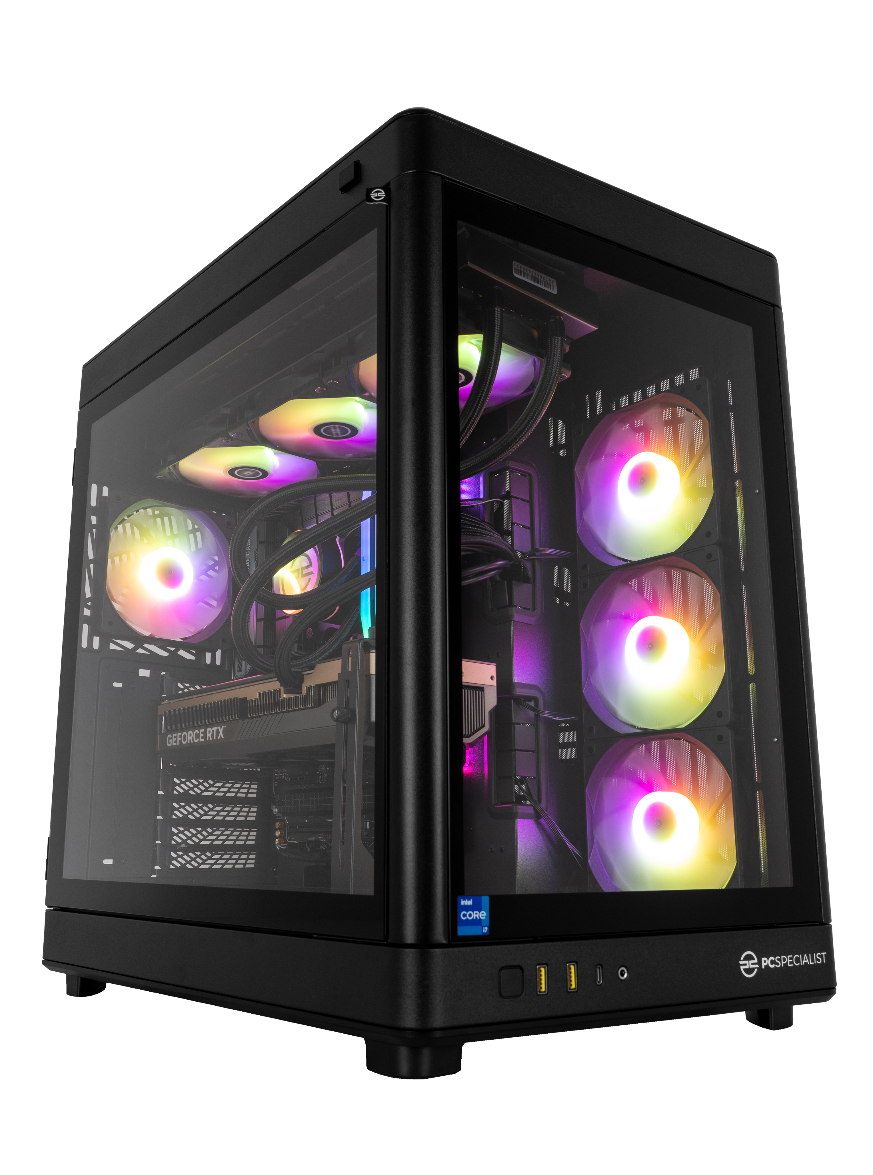 Un case per PC nero con pannello in vetro. All'interno, ventole colorate, una scheda grafica e altri componenti.