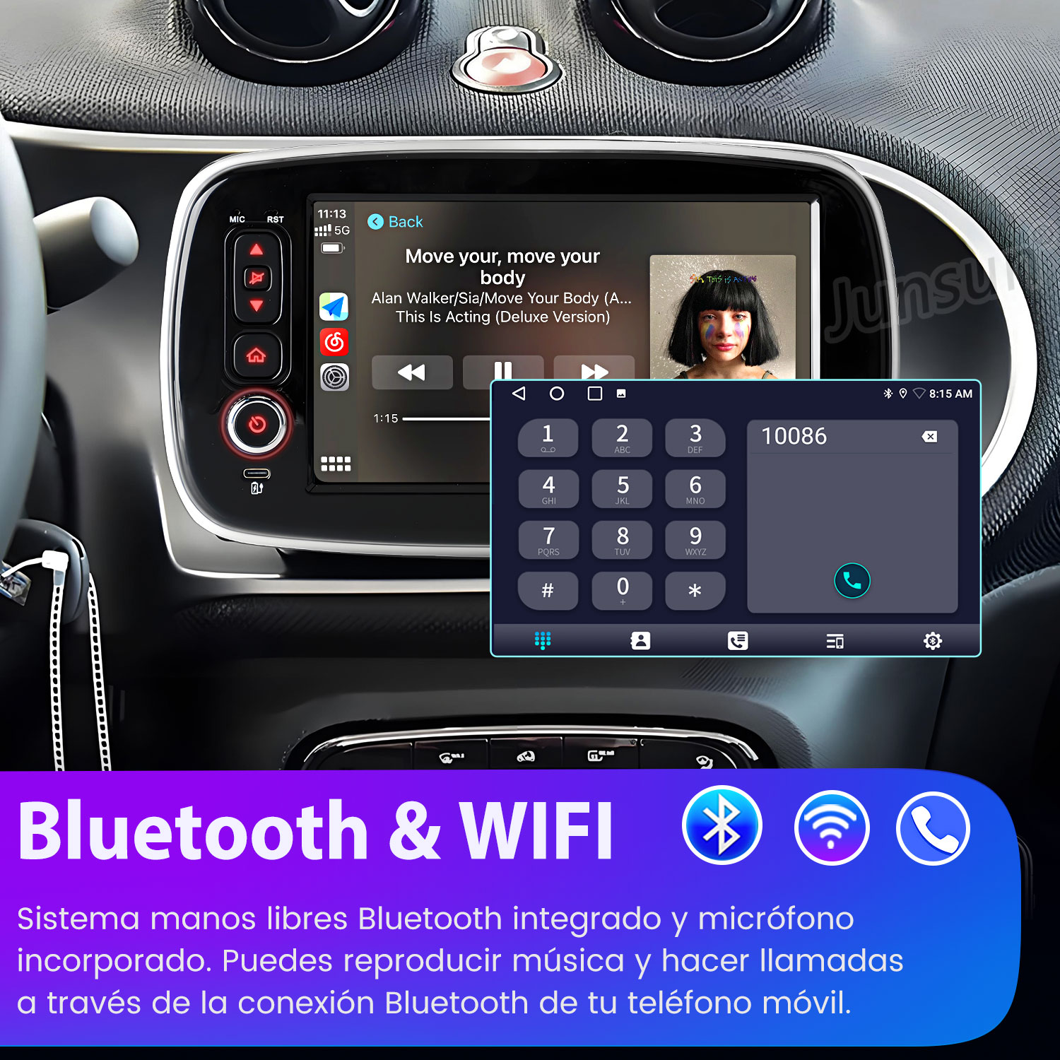 Panel del coche con una pantalla que muestra los controles de música y un marcador telefónico. Texto: Bluetooth & WIFI.