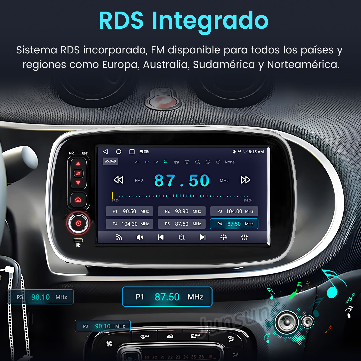 Pantalla de radio de coche que muestra la frecuencia FM 87.50 MHz. Se ven botones de preajustes y controles. También es visible el interior del coche.