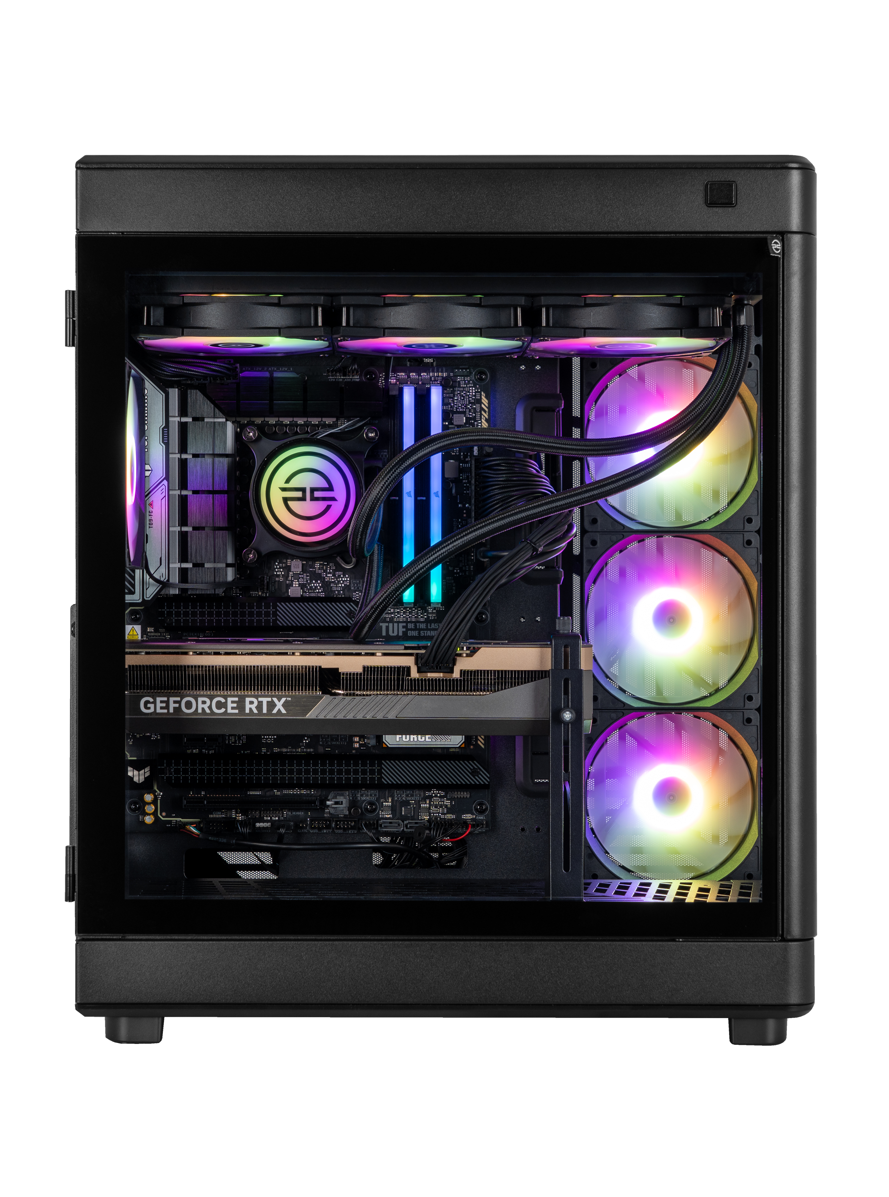 Un case per computer nero con componenti interni visibili. È dotato di ventole colorate, una scheda grafica e un dissipatore per CPU.