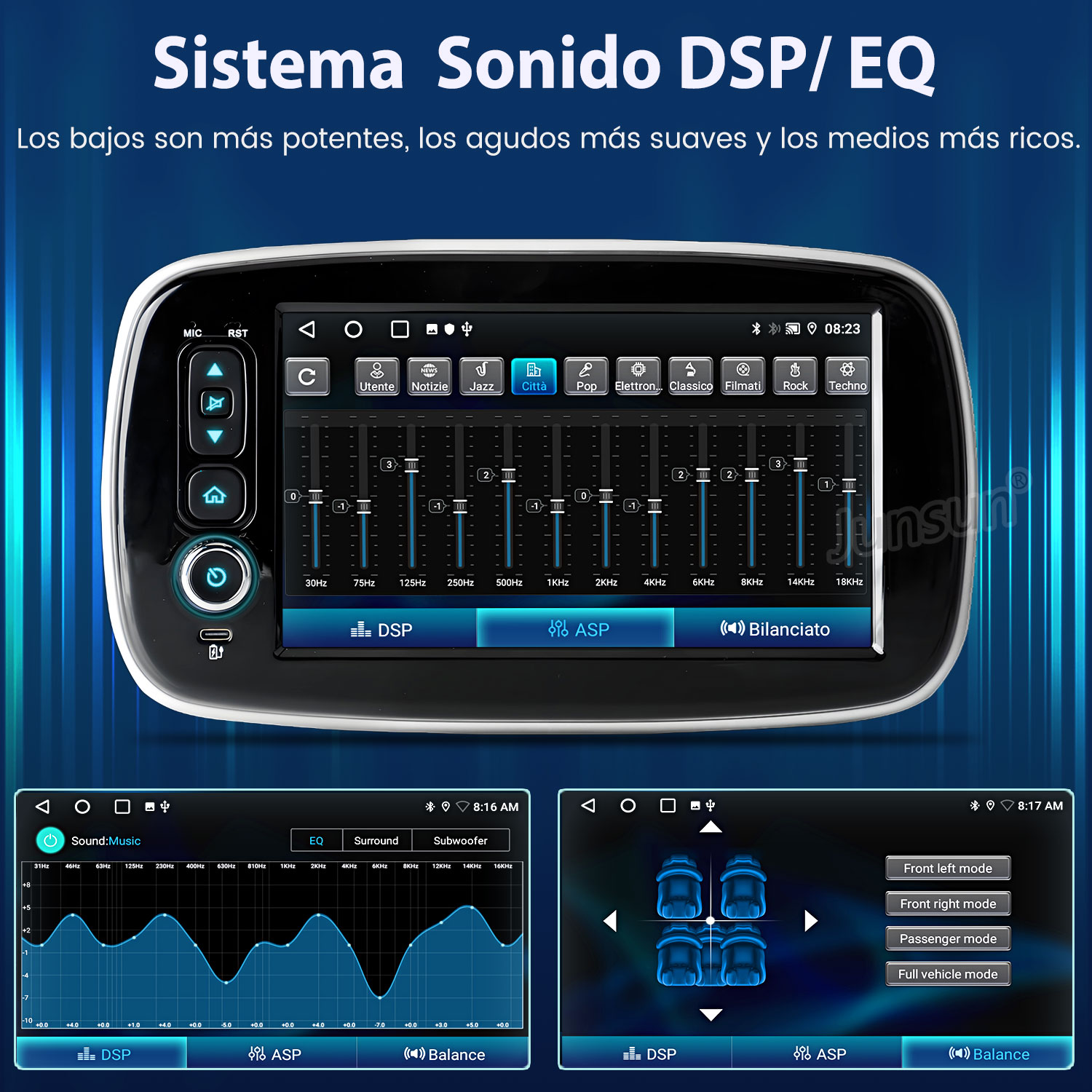 Una pantalla del sistema de audio del coche muestra la configuración del ecualizador. Hay varios botones y deslizadores, con un gráfico de ondas de sonido.