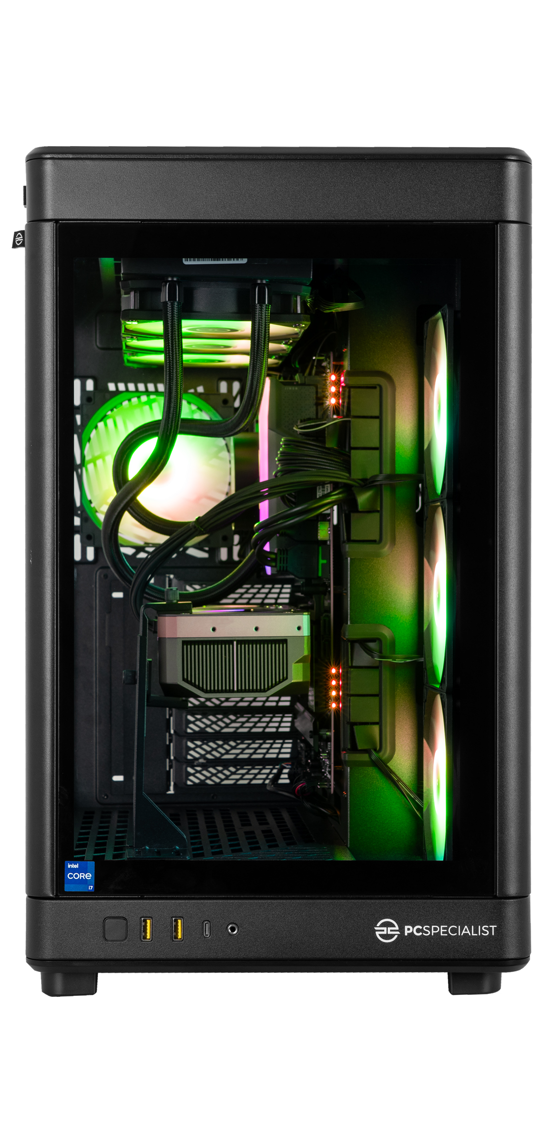 Interno di case PC nero con ventole illuminate di verde, dissipatore CPU e componenti.