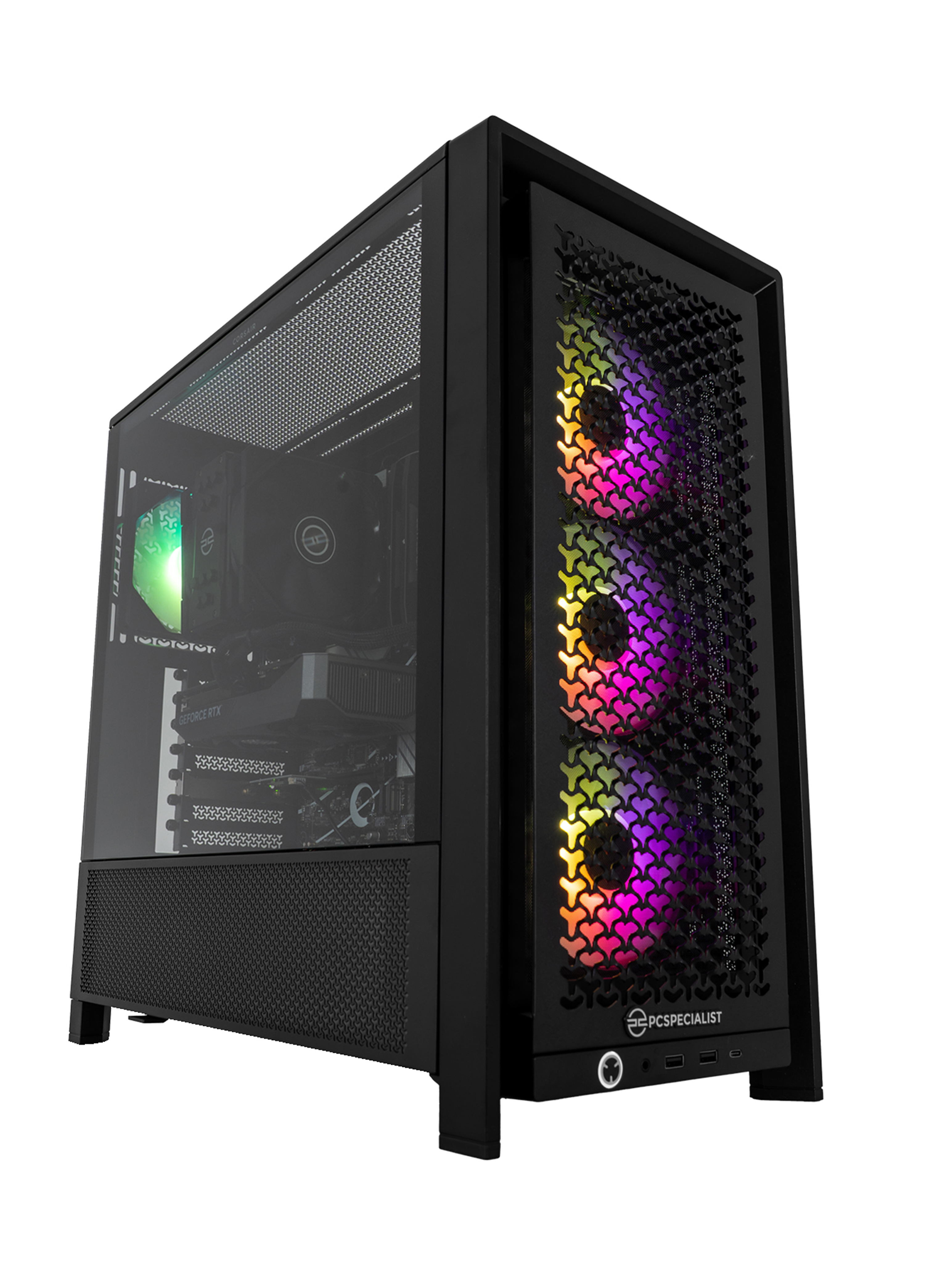 Case PC nero con lato in vetro, componenti visibili e ventole frontali colorate. Il case ha un pannello frontale a rete.