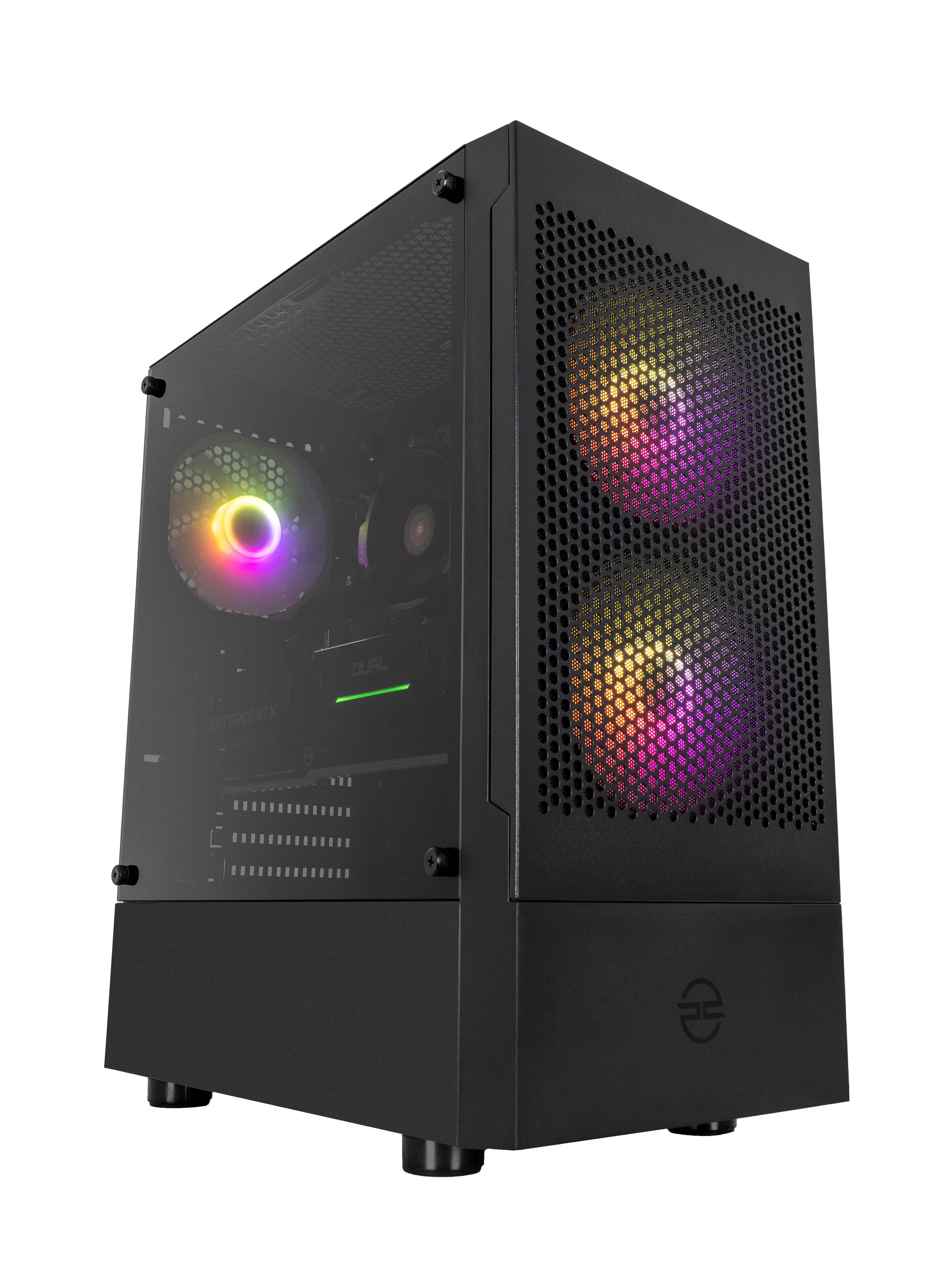 Un case per computer nero con pannello laterale in vetro. Ha ventole colorate e il pannello frontale è a rete.