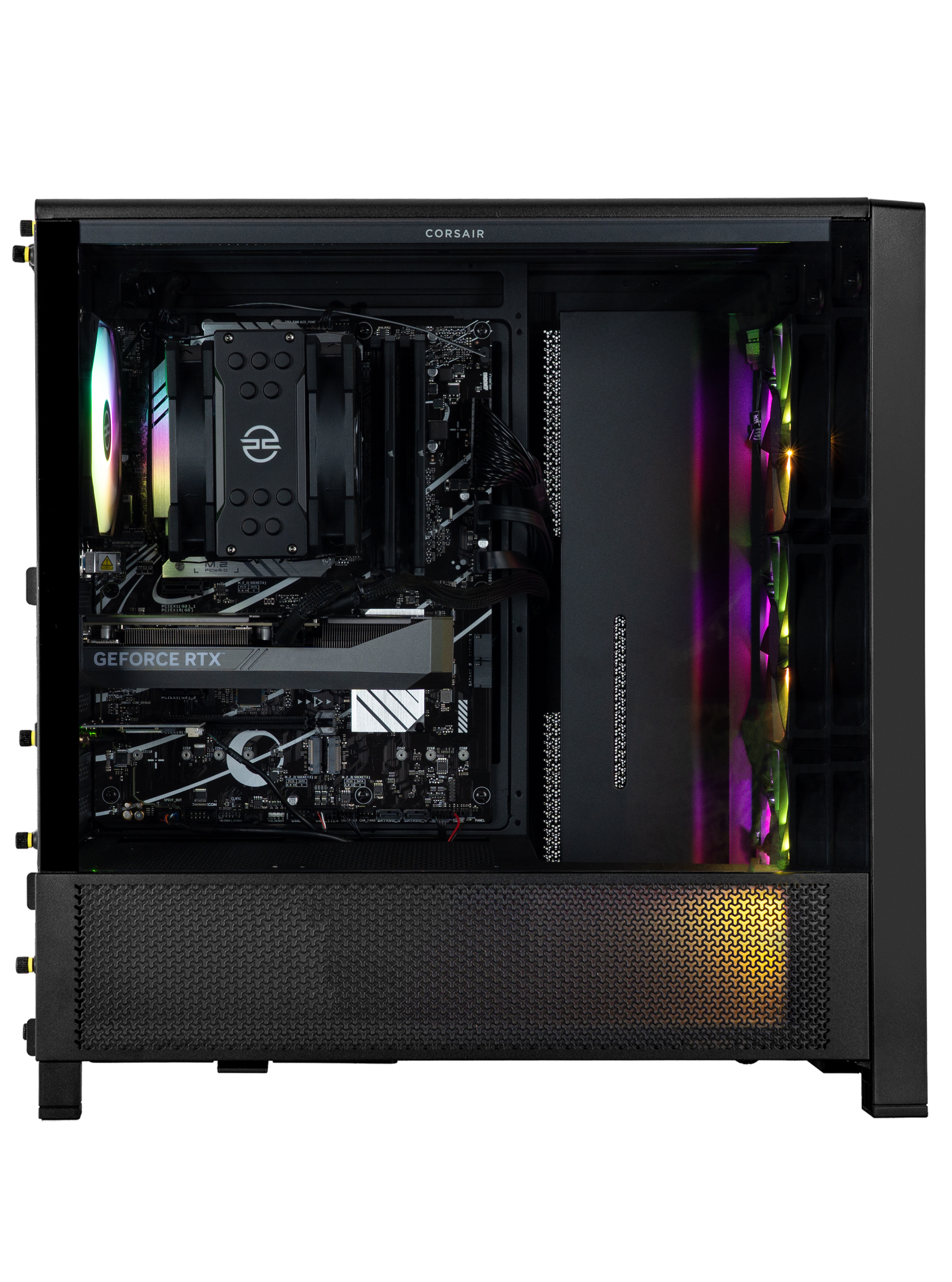 Un case di computer con componenti visibili, tra cui scheda grafica, dissipatore CPU e ventole RGB.