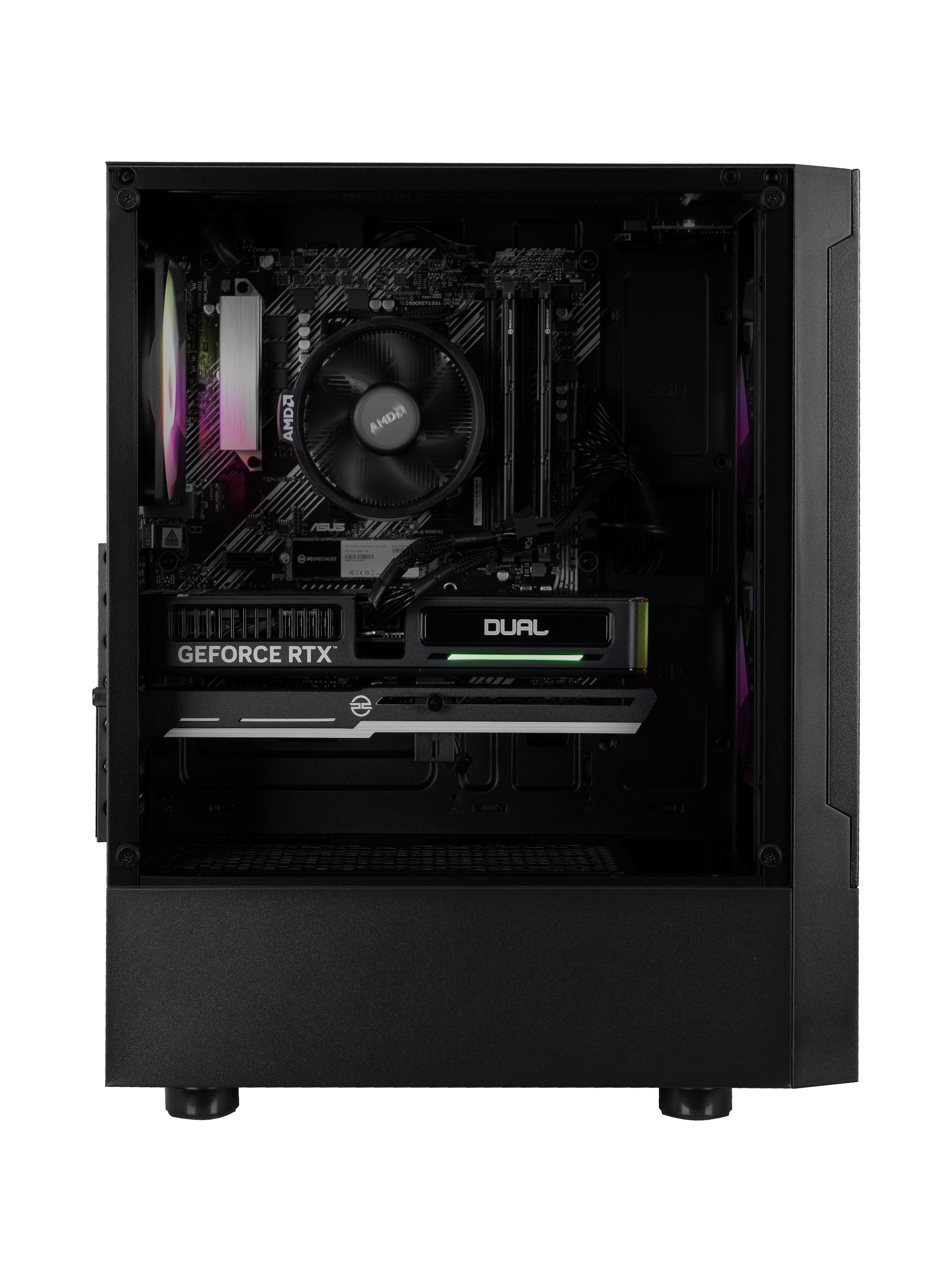 Case per computer nero con componenti interni visibili, tra cui scheda grafica, ventola CPU e scheda madre.