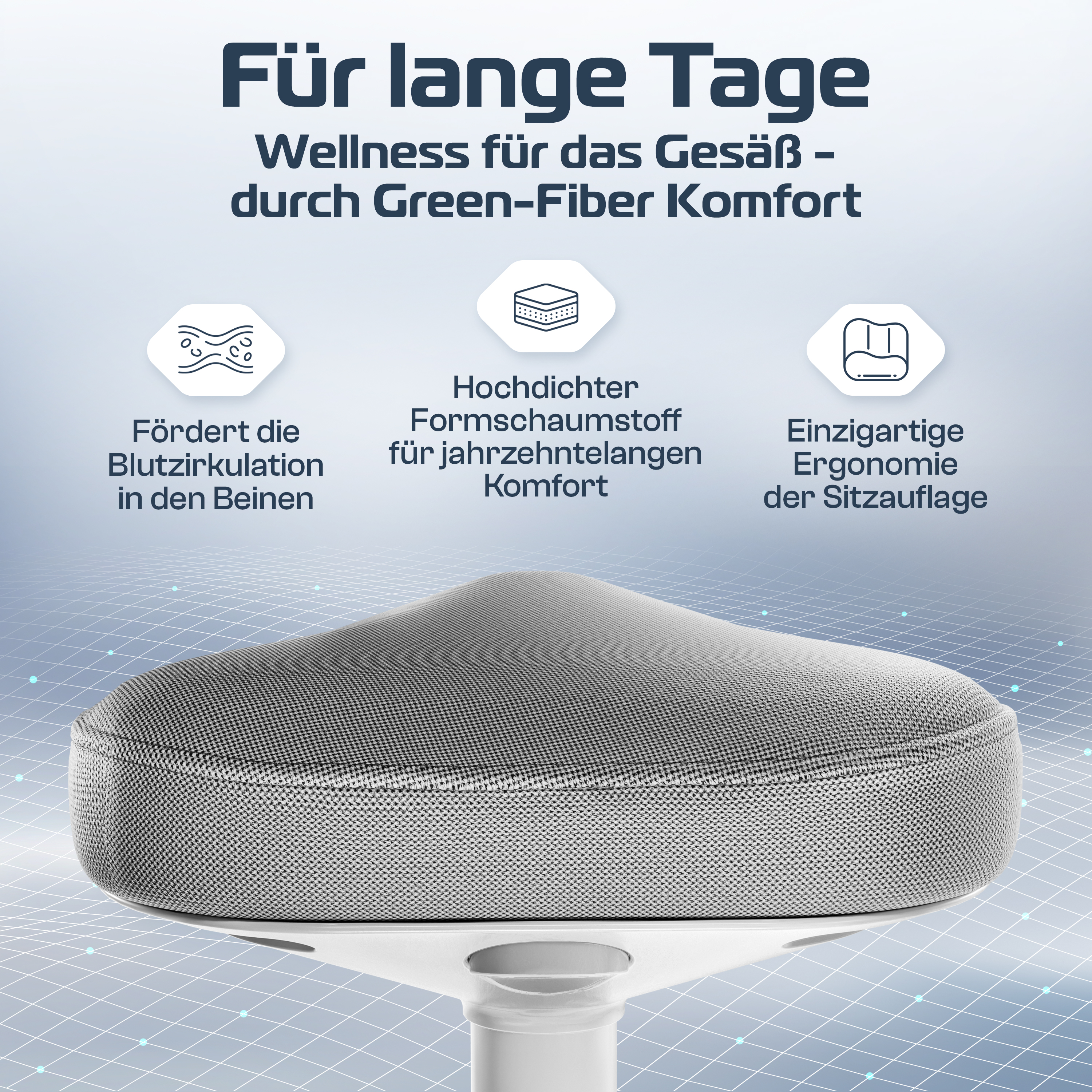 Grauer Sitz auf weißer Basis, mit deutschem Text über Wellness und Komfort. Blauer Hintergrund. Icons mit Text.