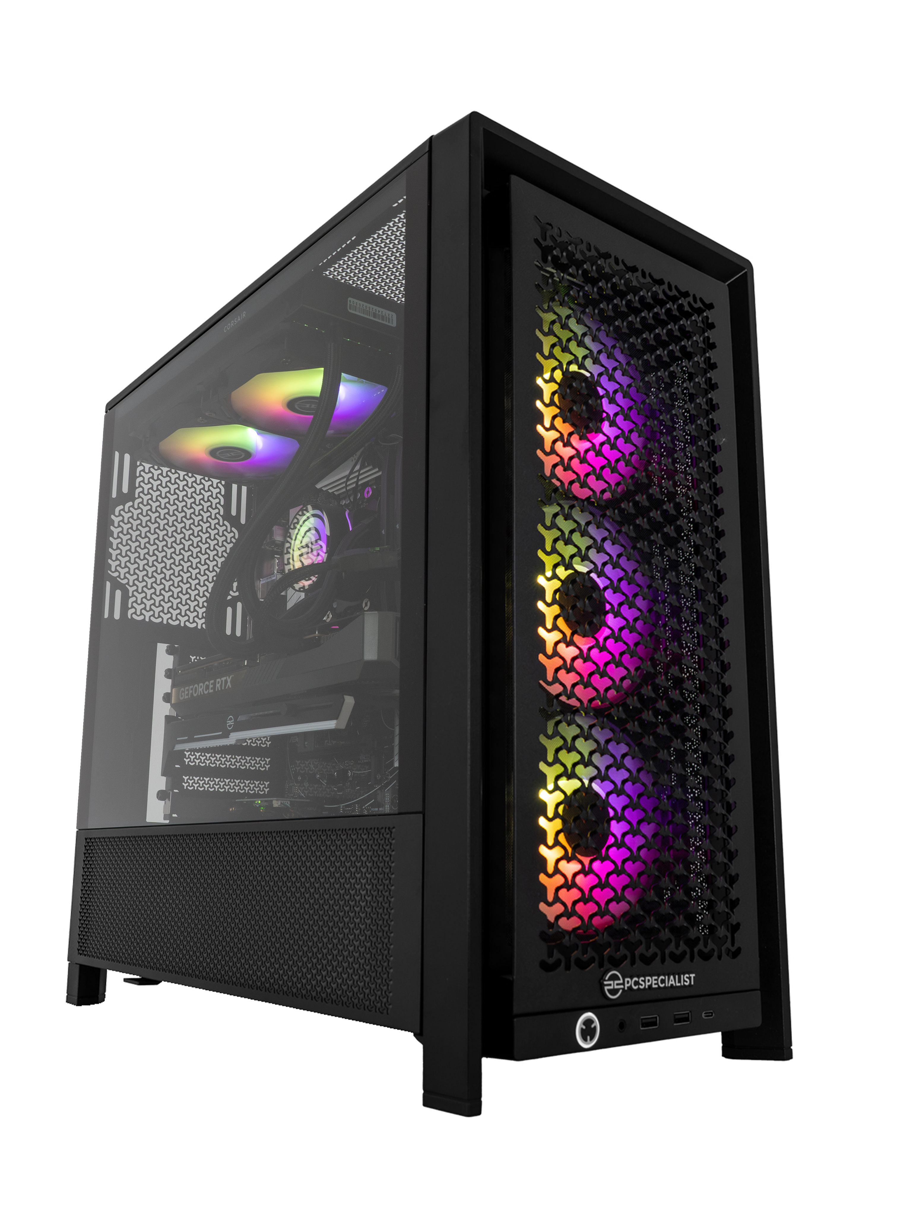 Zwarte pc-toren met glazen zijkant. Drie ventilatoren vooraan met RGB-verlichting. Interne componenten zichtbaar. Witte achtergrond.