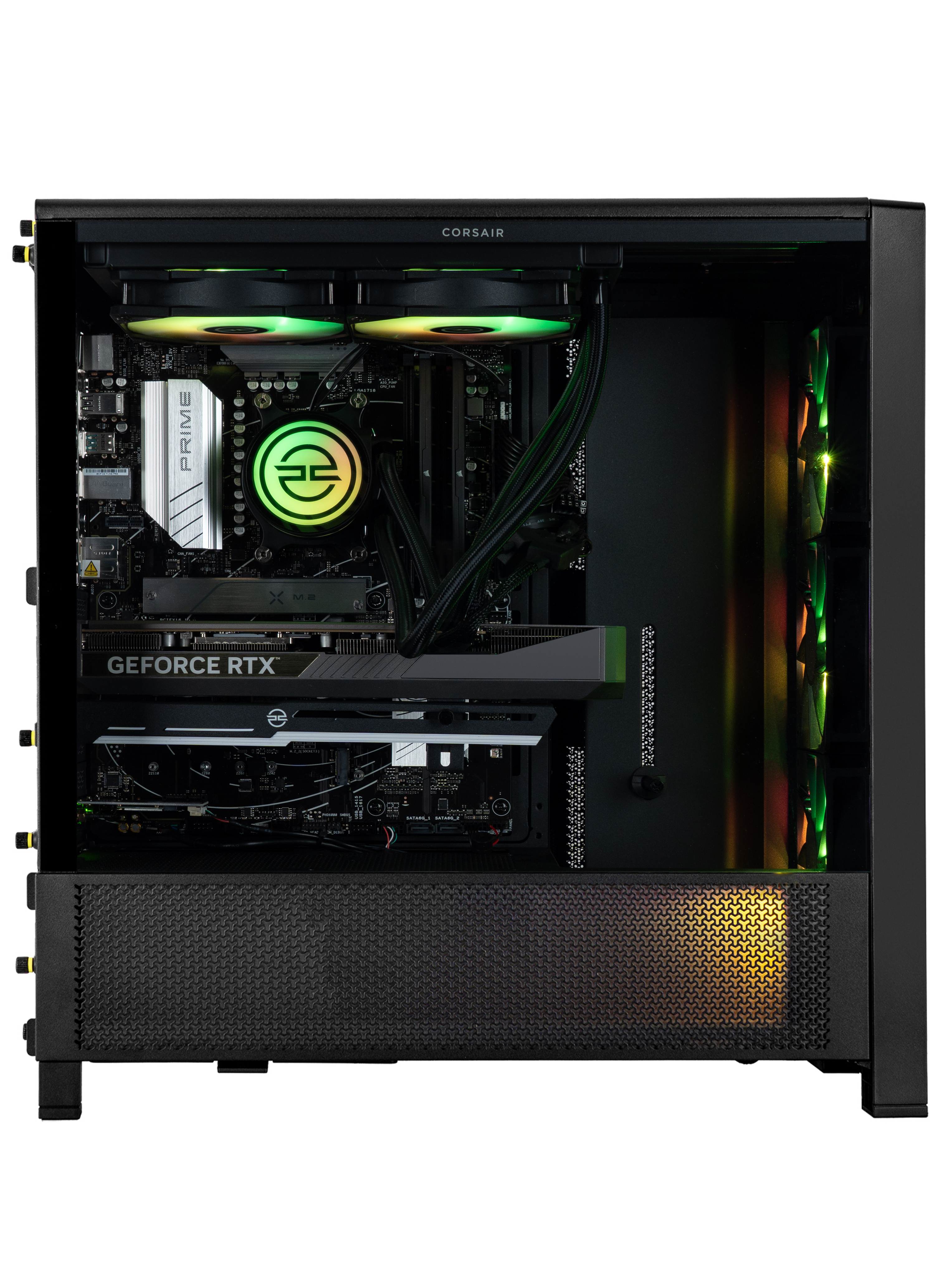 Een computerkast toont interne componenten zoals een grafische kaart, CPU en ventilatoren, met verschillende kleuren verlichting.
