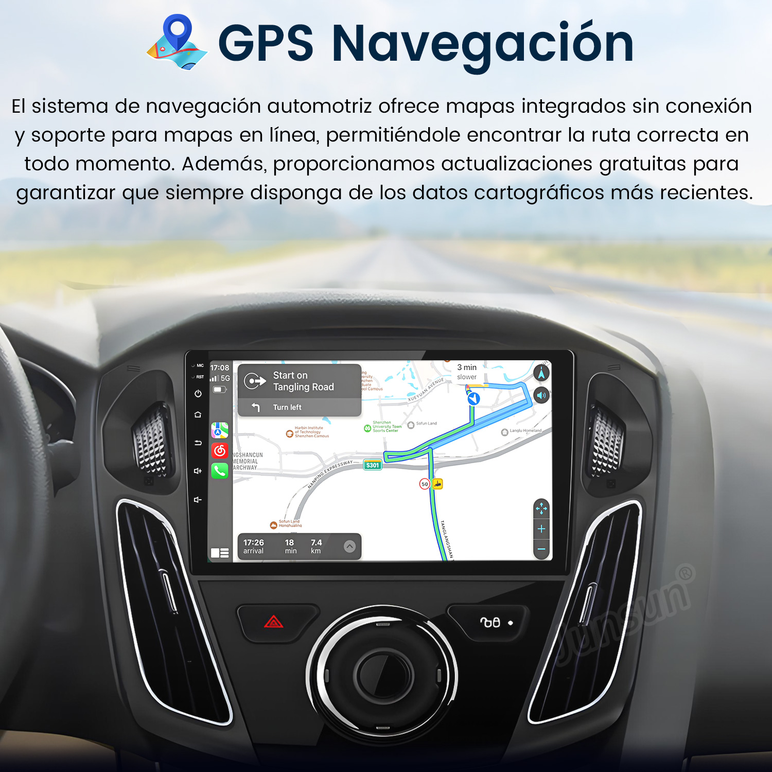 Panel del coche con navegación GPS. Se muestra un mapa. La hora es 17:08. El GPS muestra la ruta y las direcciones.