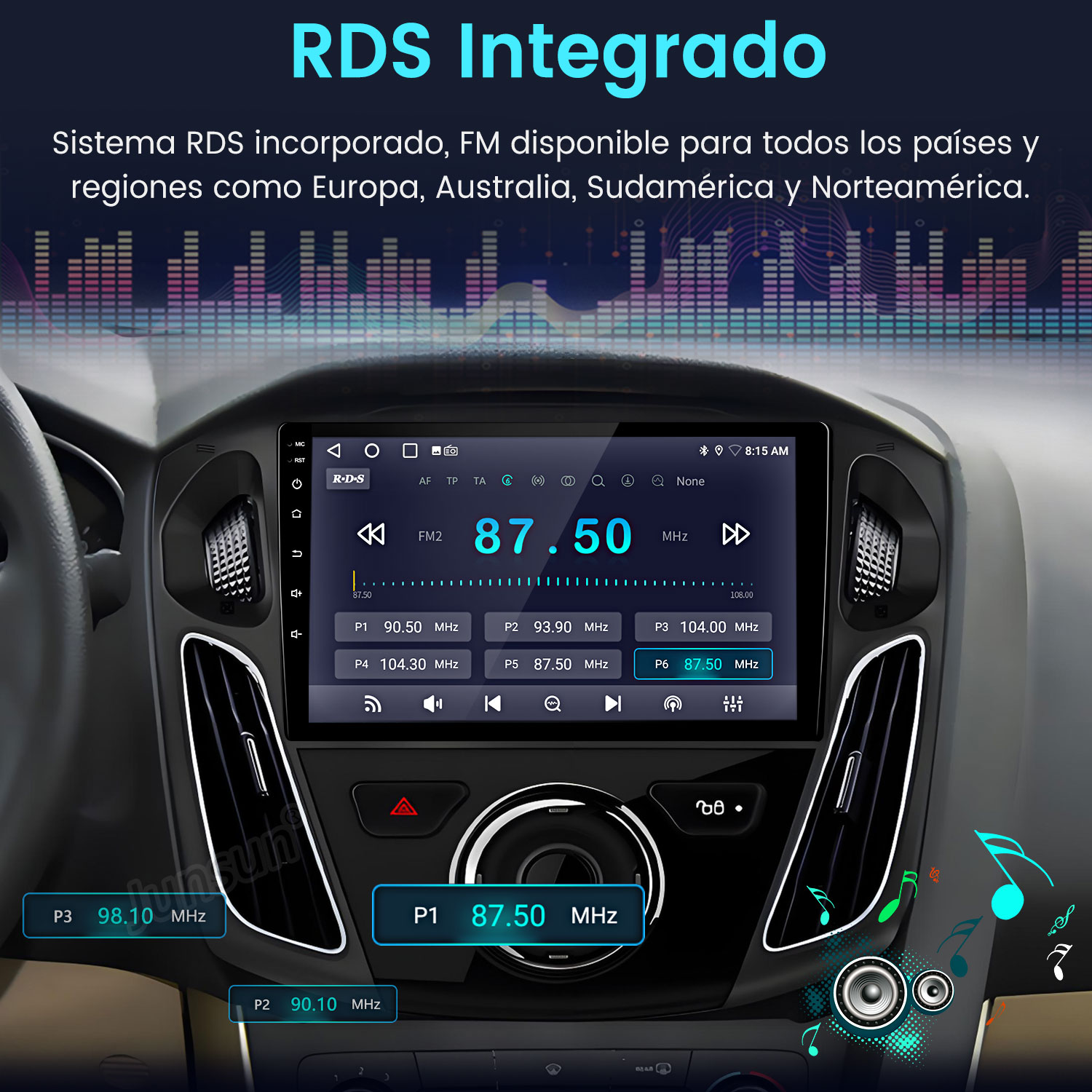 El tablero del coche muestra la emisora de radio 87.50 MHz. Texto RDS Integrado en la parte superior. Botones, rejillas de ventilación y gráficos de altavoces visibles.