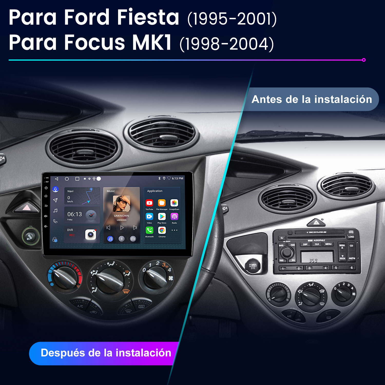 Comparación del salpicadero del coche. Izquierda: Nueva pantalla. Derecha: Radio antigua. Texto: Para Ford Fiesta (1995-2001) Para Focus MK1 (1998-2004).