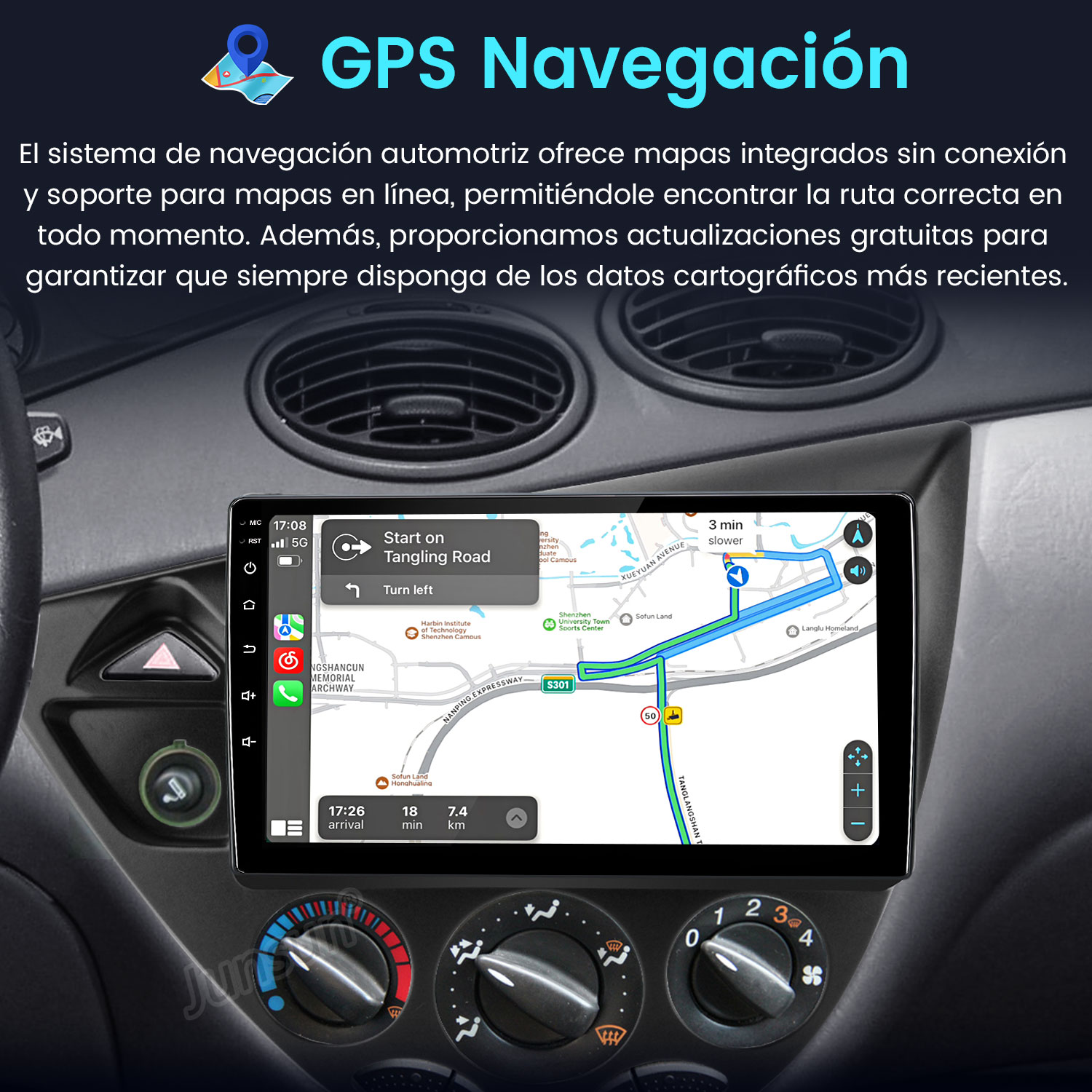 La pantalla de navegación del coche muestra un mapa con ruta. Controles de aire acondicionado y radio visibles.