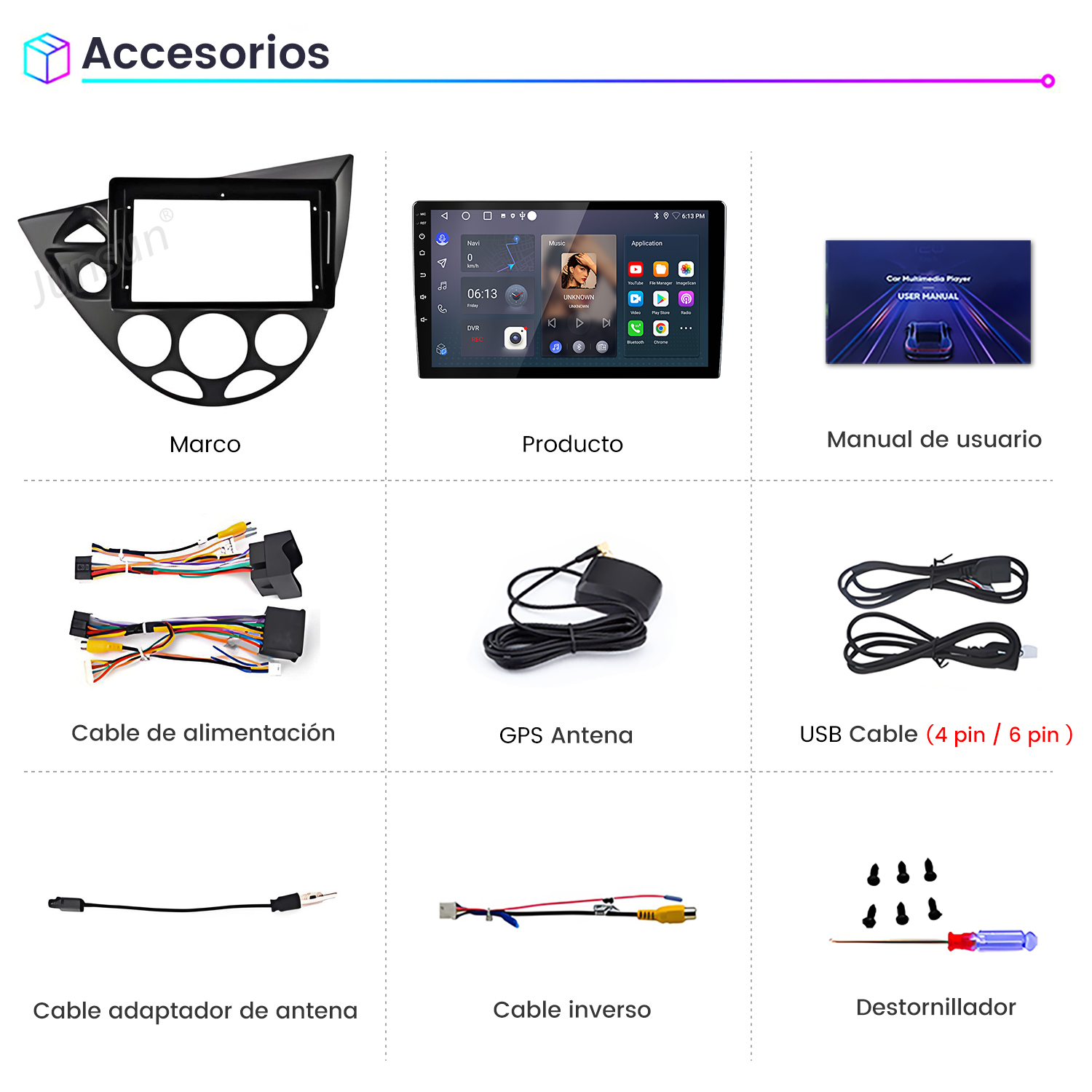 La imagen muestra accesorios para automóviles, incluyendo un marco, producto, manual de usuario, cable de alimentación, antena GPS, cable USB, adaptador de antena, cable inverso y destornillador.